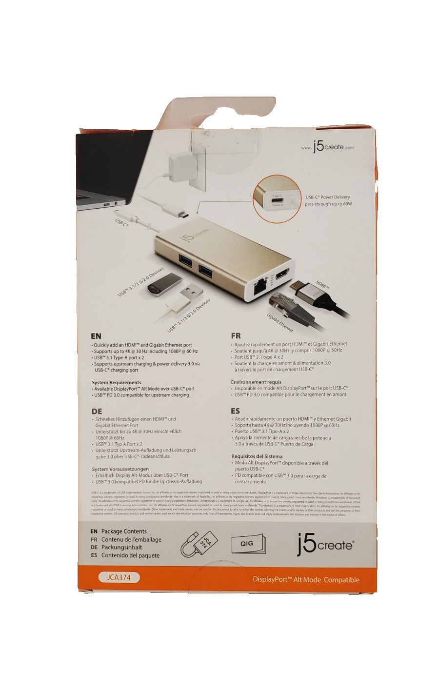 j5create – JCA374 – USB-C Multi Adapter HDMI, Ethernet/USB 3.1 HUB/PD 3.0