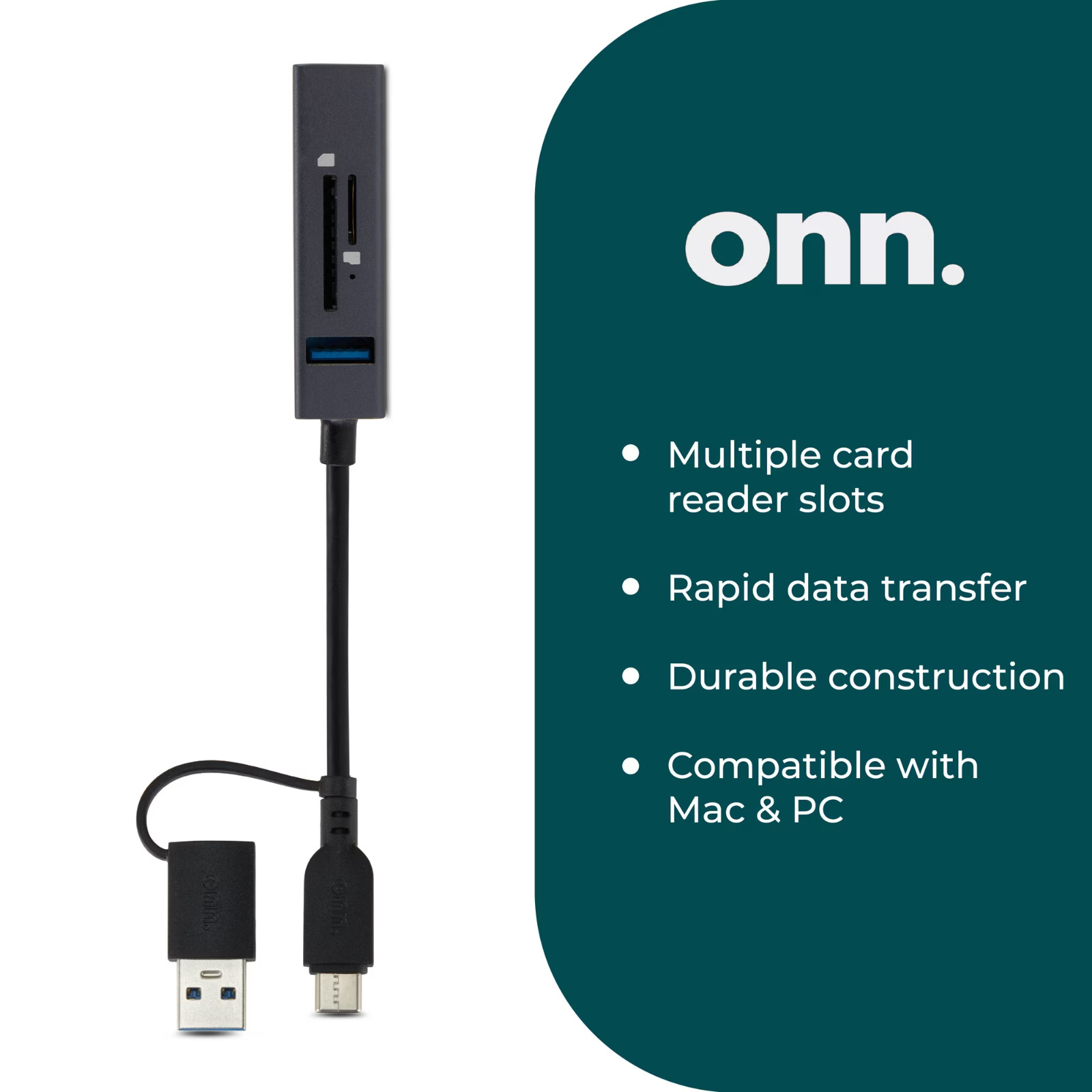 onn 5-Port USB 3.0 Hub SD microSD Card Reader USB-C Adapter for PC Mac Android