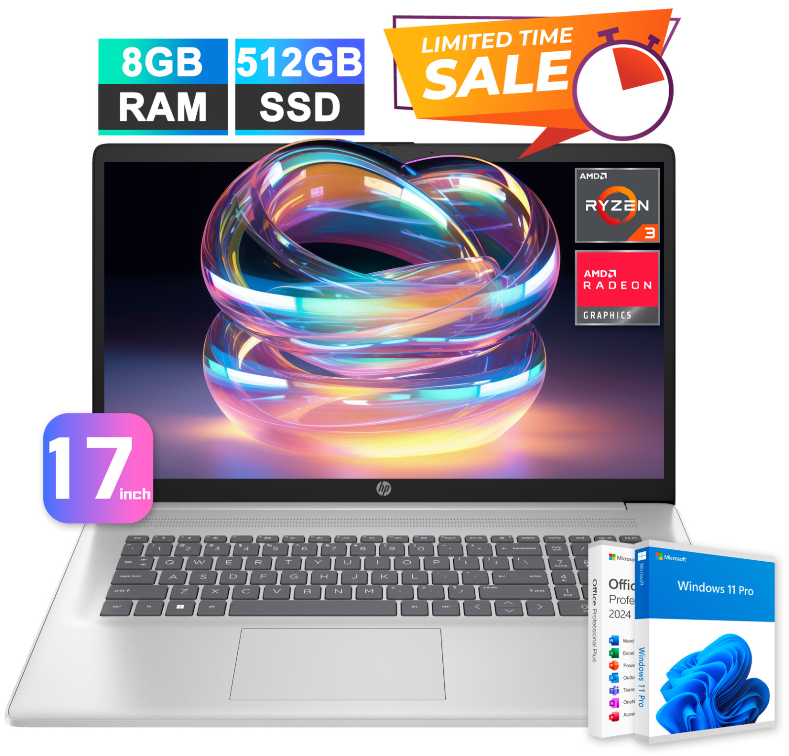 HP 17 Laptop Office 2024 Computer 17.3 4-Core Ryzen 3 8GB RAM 512GB SSD Win Pro