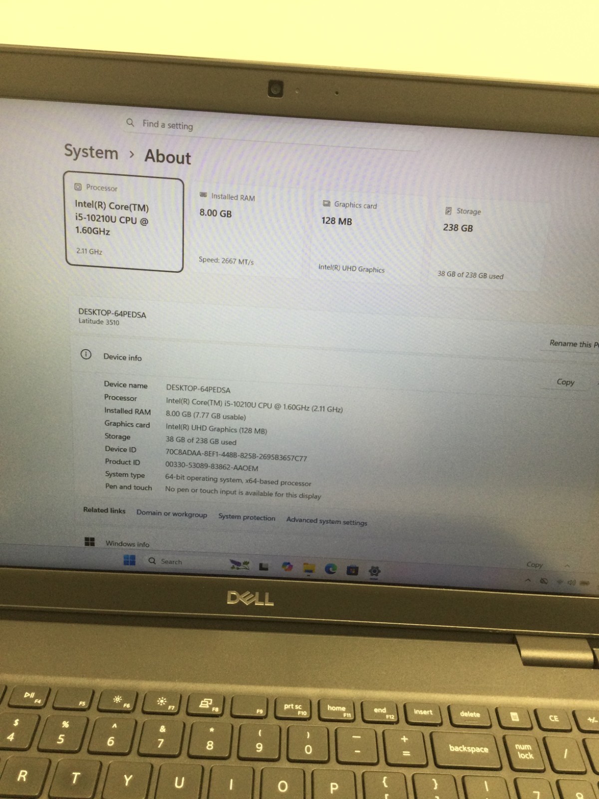 Dell Latitude 3510 15.6″intel core i5-10210U 1.60GHz 8GB RAM 256GB SSD W11P