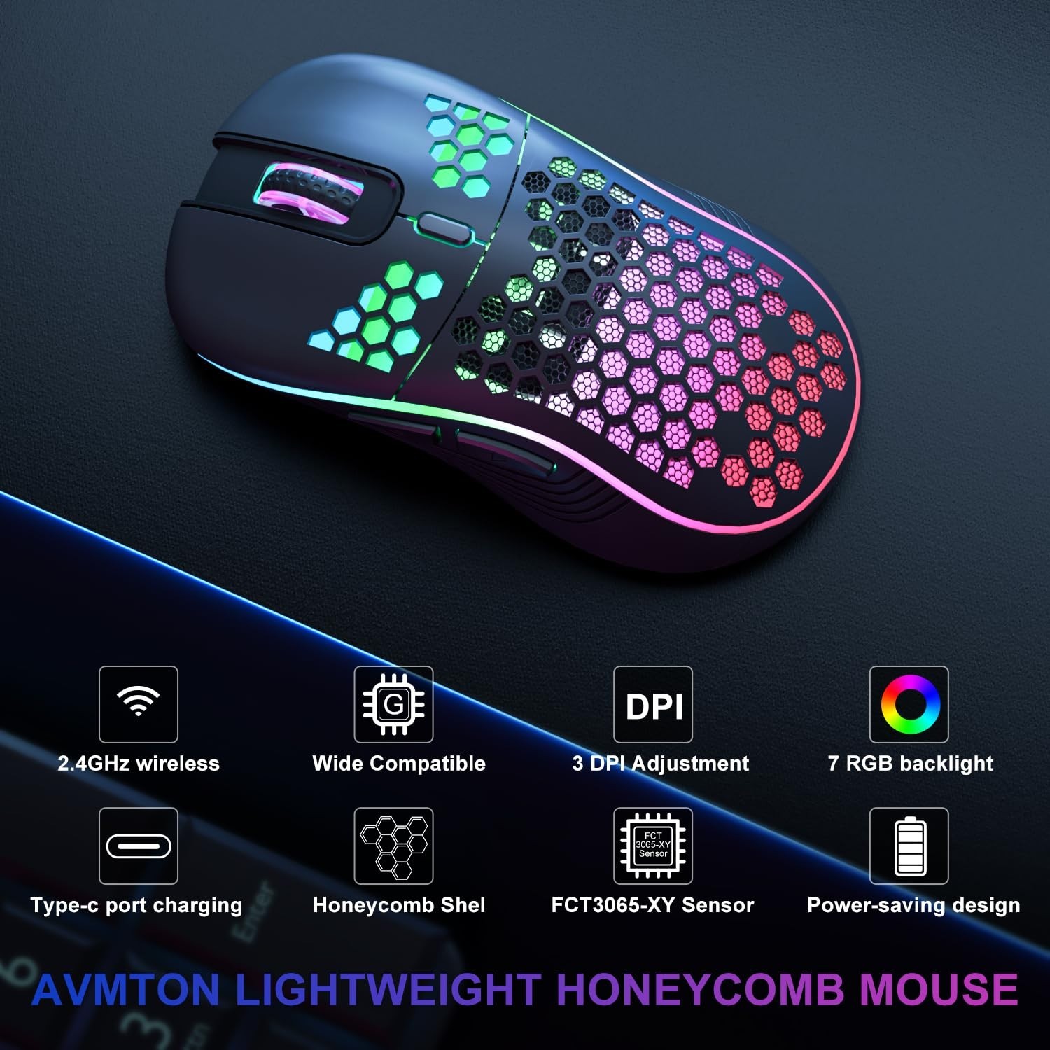 Wireless Mouse Gaming Rechargeable Optical Mouse Cordless 7 Color LED Backlit PC