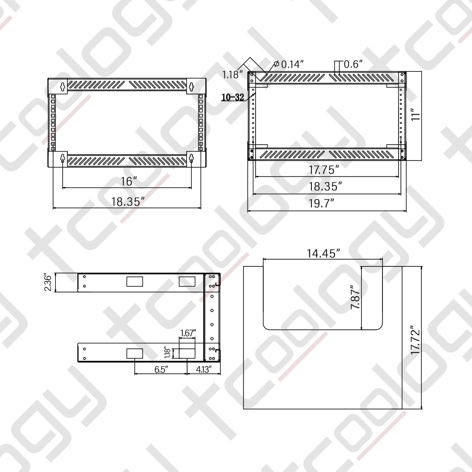 TCoology 4U Wall Mount Open Frame 19” Server Rack Threaded 17.5 Inch Depth
