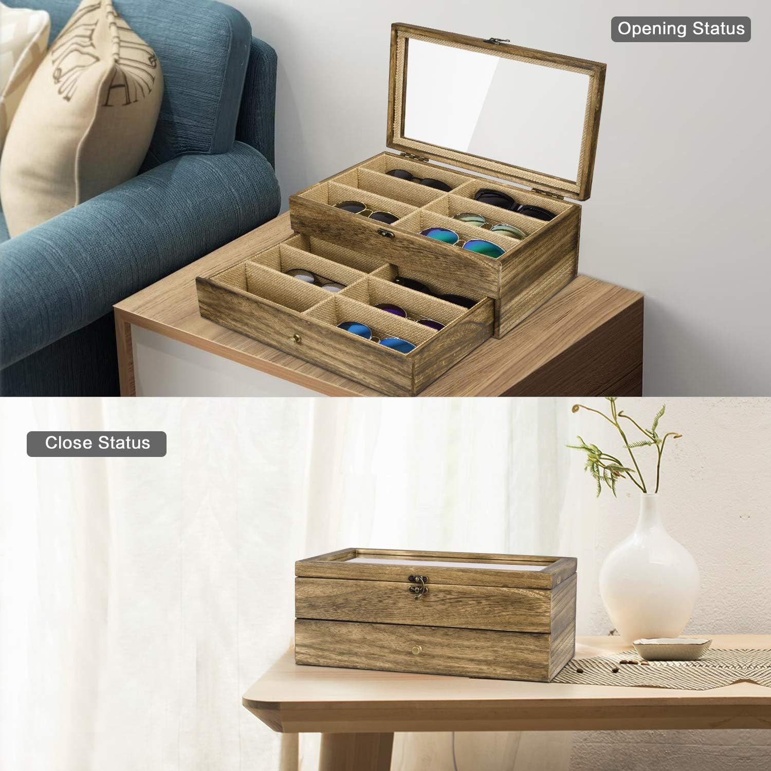 Sunglasses Case Organizer for Women Men, 12 Slot Wood Eyeglass Eyewear Display B