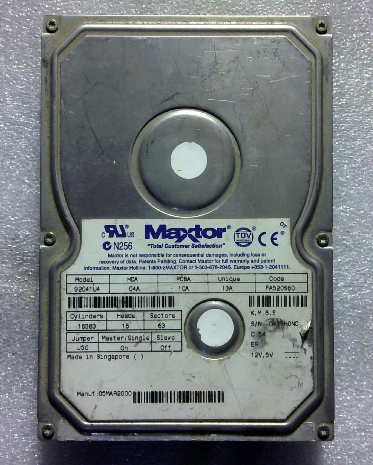 Maxtor – 92041U4 – 20.4GB – K M B E – SN: G411H0NCDG04A