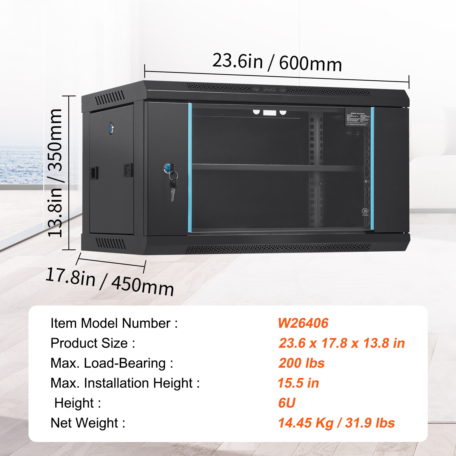 6U Wall Mount Network Server Rack Cabinet Enclosure 15.5” Deep Door Lock