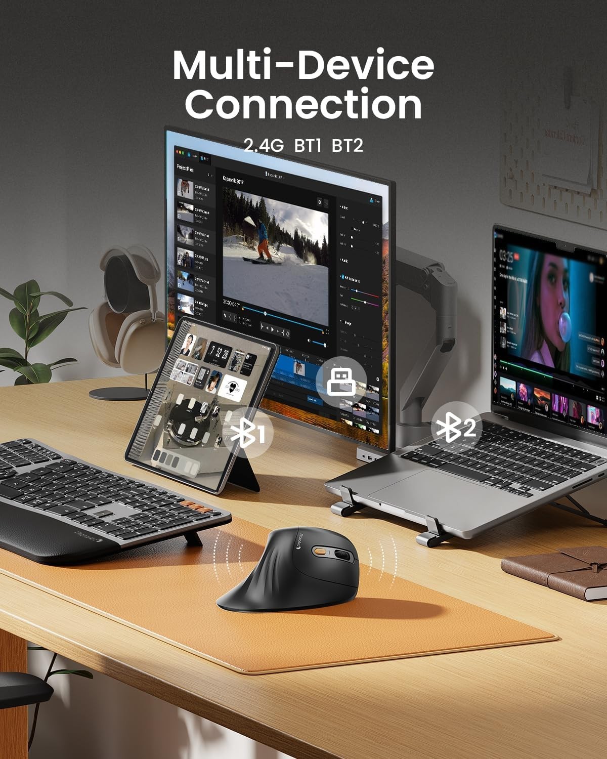 Ergonomic Wireless Vertical Mouse EM11 NL: Rechargeable & Multi-Device – Gray