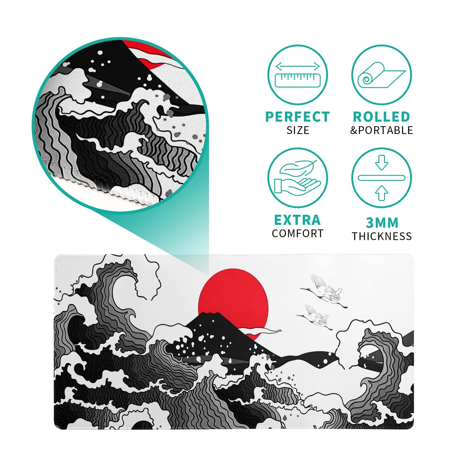 Japanese Red and Black Wave Gaming Mouse Pad Extended Large Mouse Mat Desk Pa…