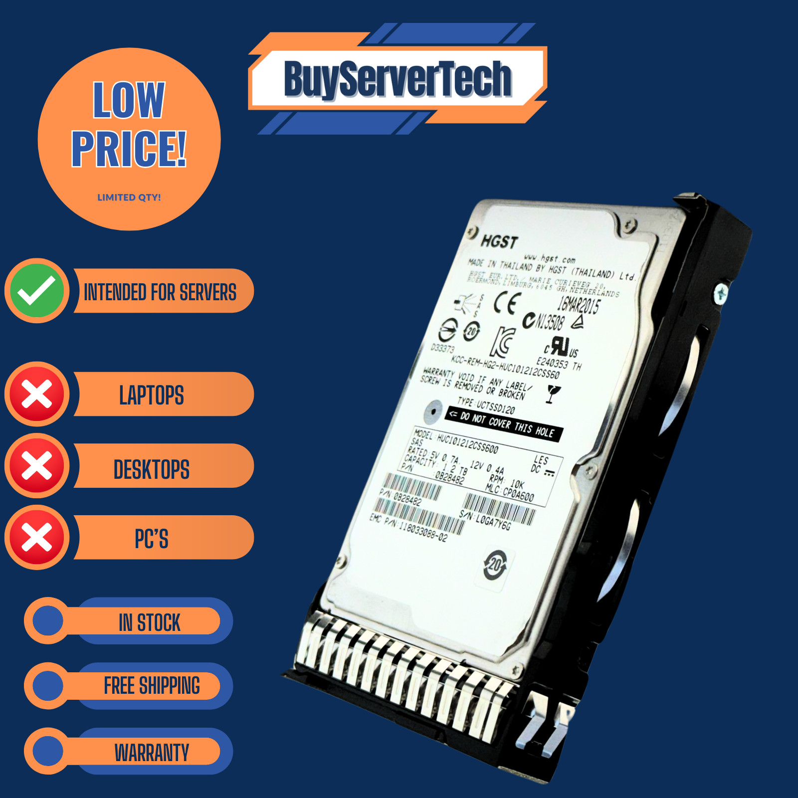 1.2TB 10K SAS 2.5″ HDD 6Gbps | 0 Hours | HP DL360 DL380 G8 G9 G10 | Tray | 1YR