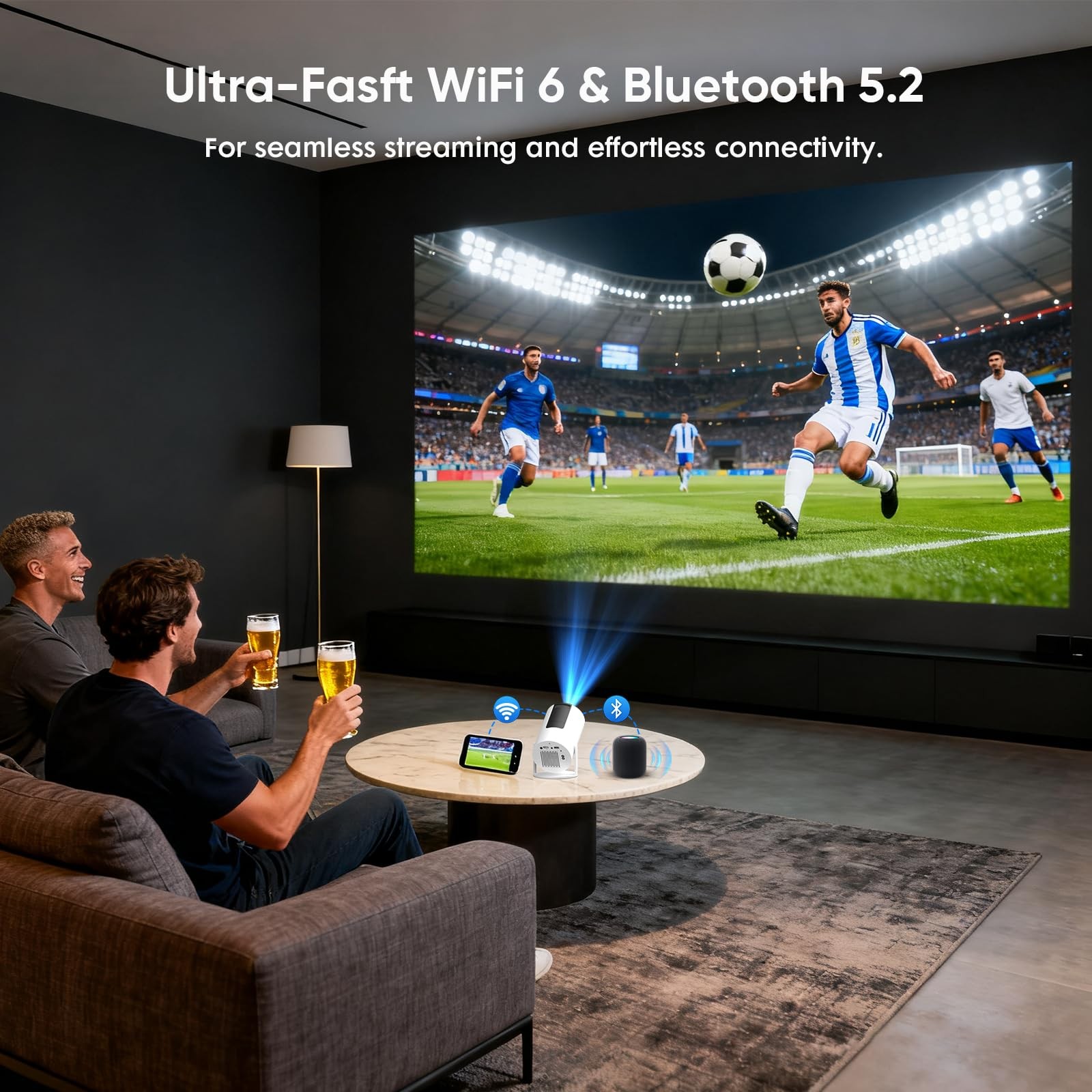 [Built-in Apps] Mini Projector with WiFi and Bluetooth, Portable, White