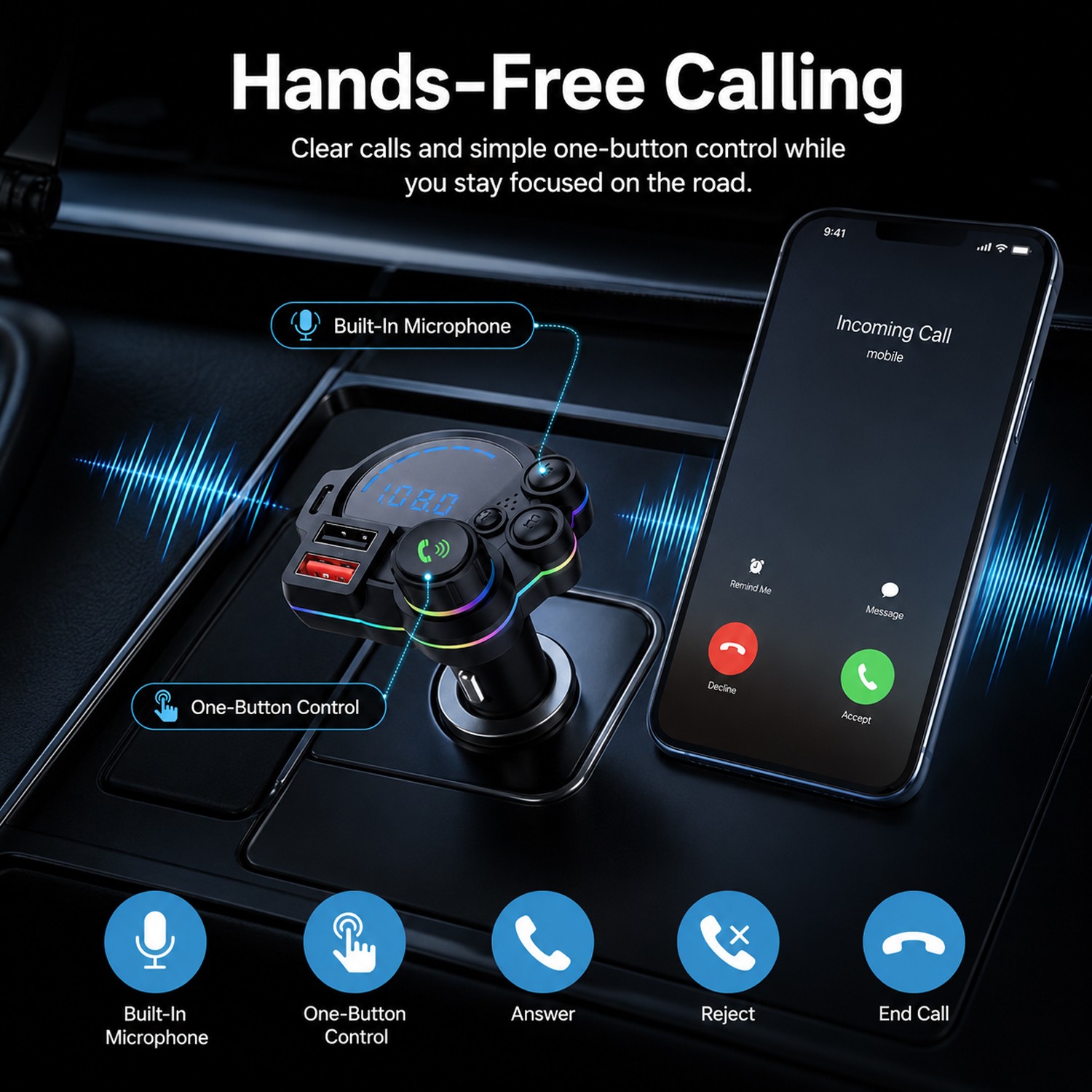 Bluetooth 5.3 Car Wireless FM Transmitter Adapter Hands Free Calling MP3 Player