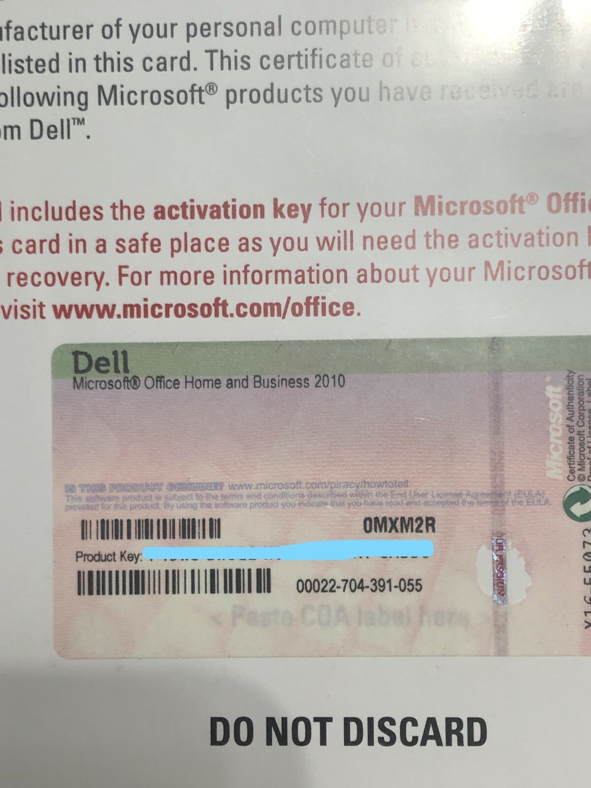 Microsoft Office Home and Business 2010 Product Activation Key Card ONLY NO Disc