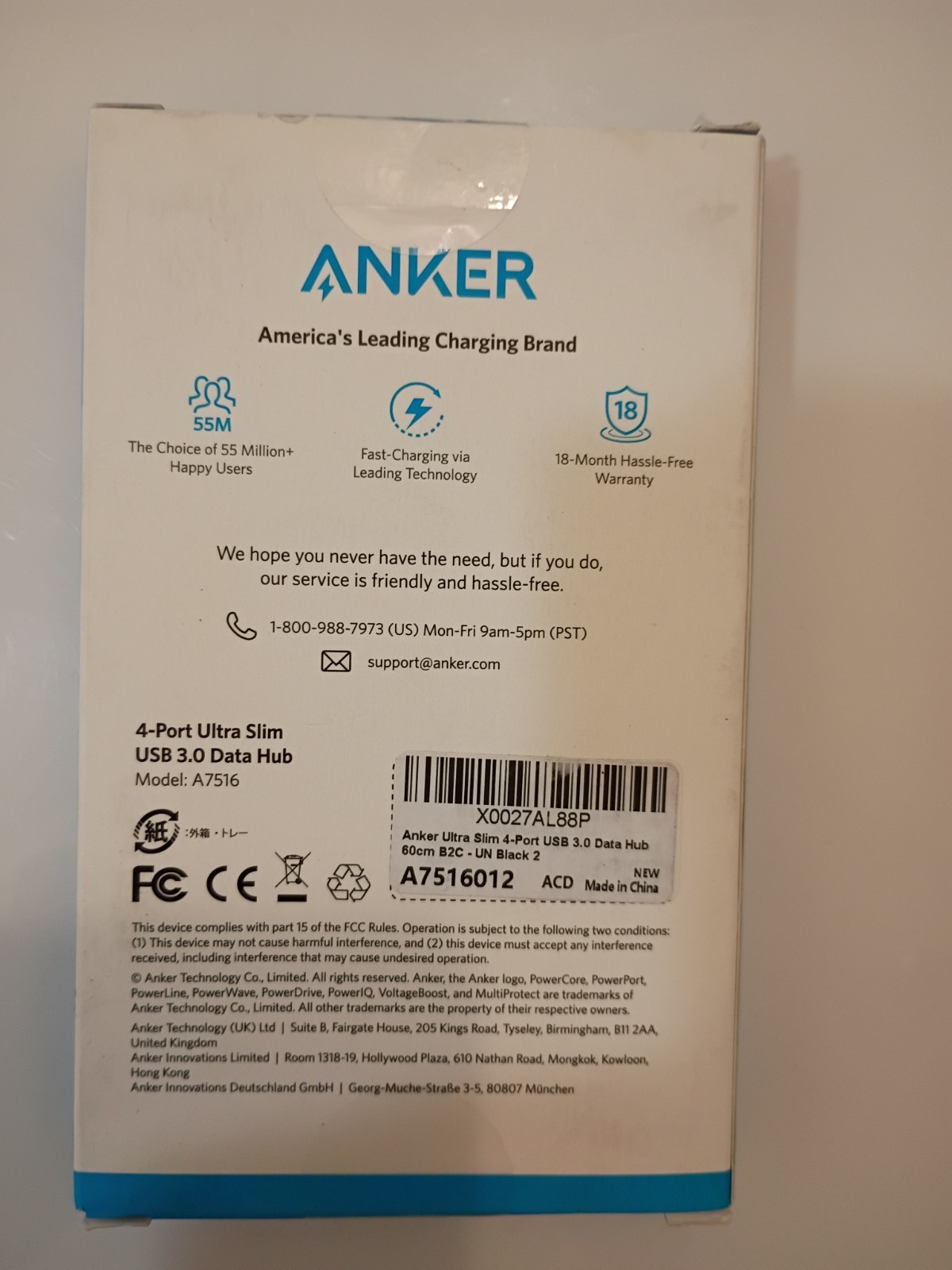 ANKER ULTRA SLIM USB 3.0 4 PORT DATA HUB 2FT A7516 BLACK