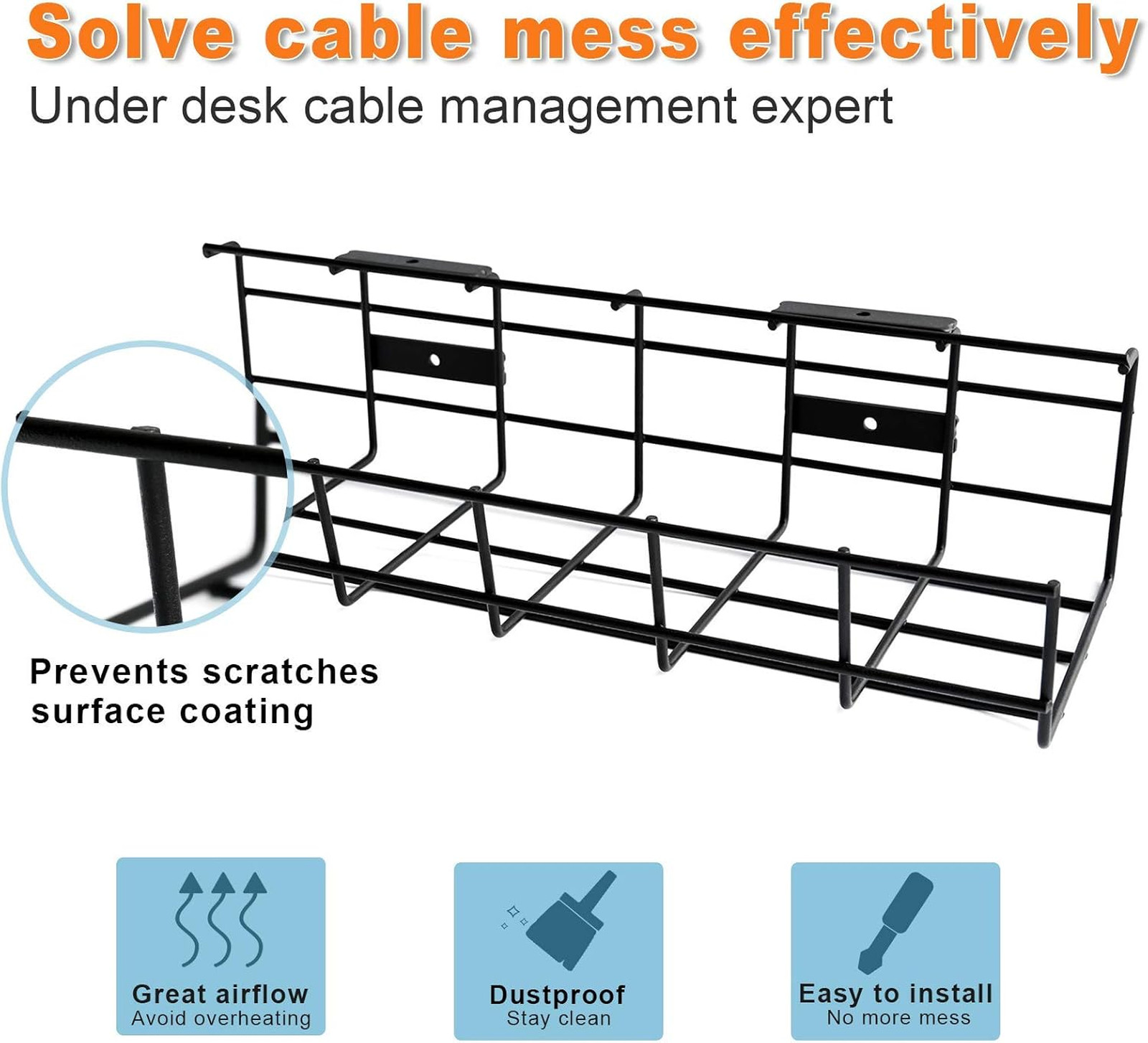 Cable Management Tray Metal Wire Under Desk Organizer 14.5 Inches Black Office