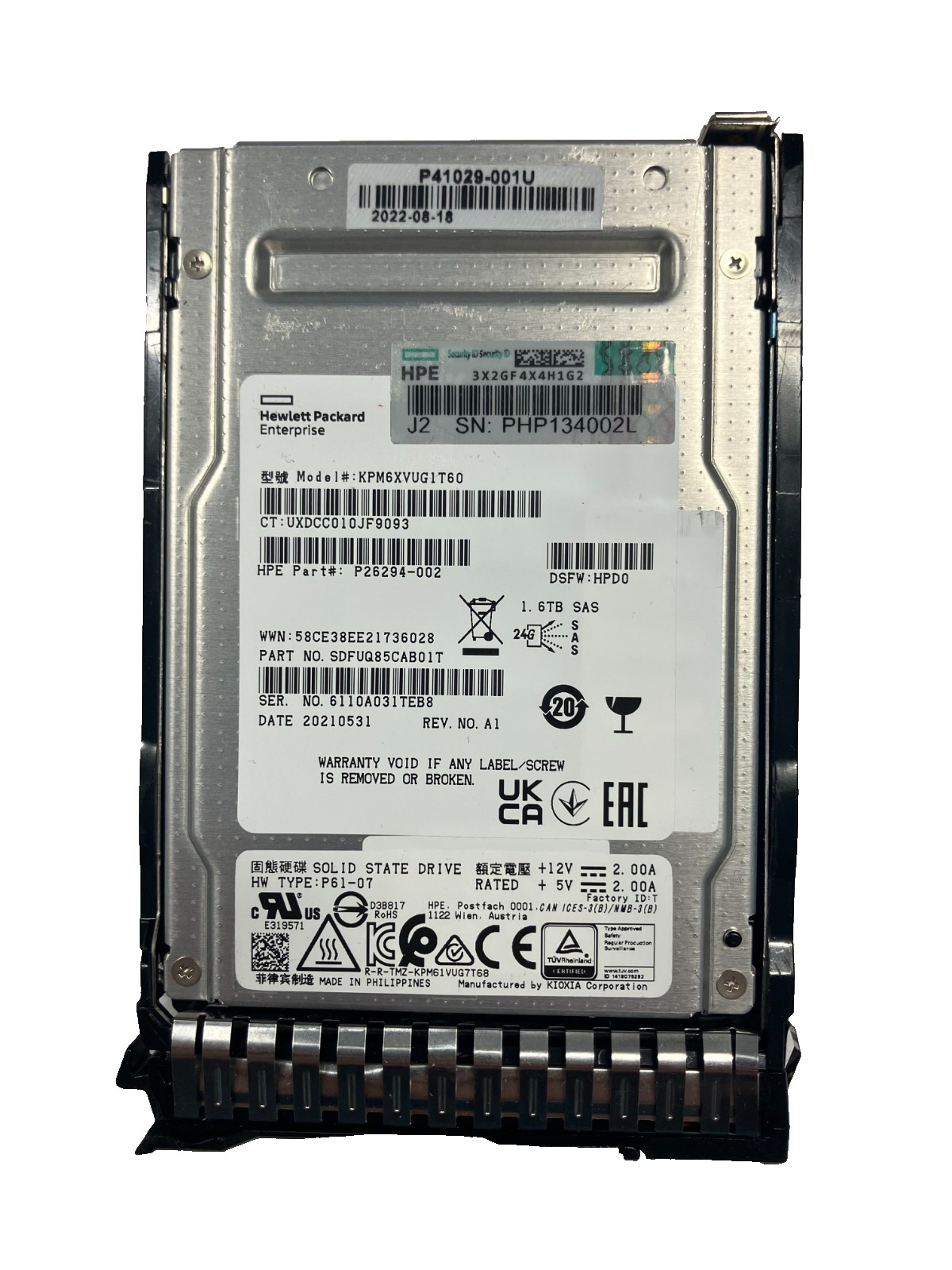 HP KPM6XVUG1T60 SSD 1.6TB SAS 24Gb/s 2.5″ P26294-002 512b/s
