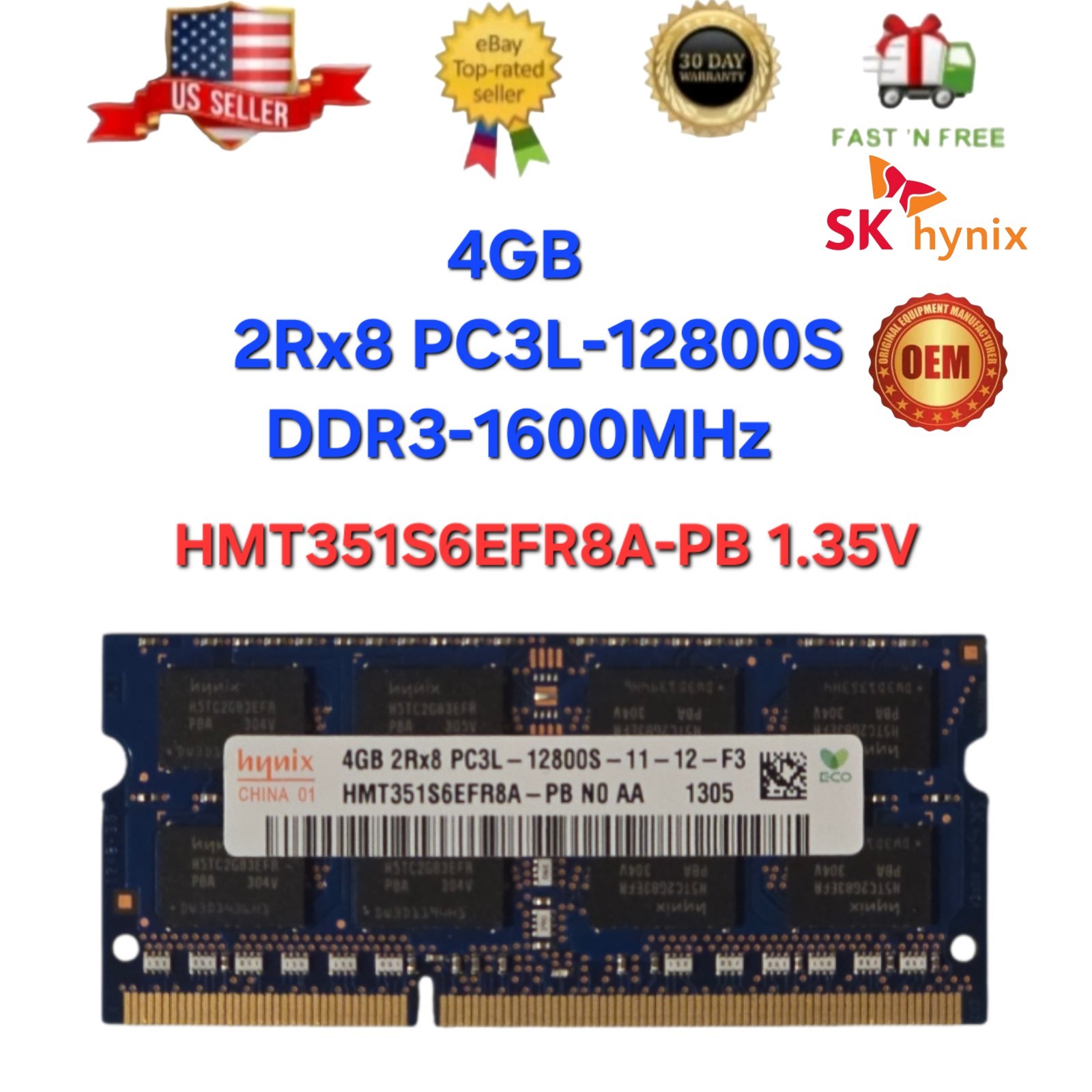 ​SK Hynix 4GB 2Rx8 PC3L-12800S DDR3-1600MHz Laptop RAM HMT351S6EFR8A-PB 1.35V