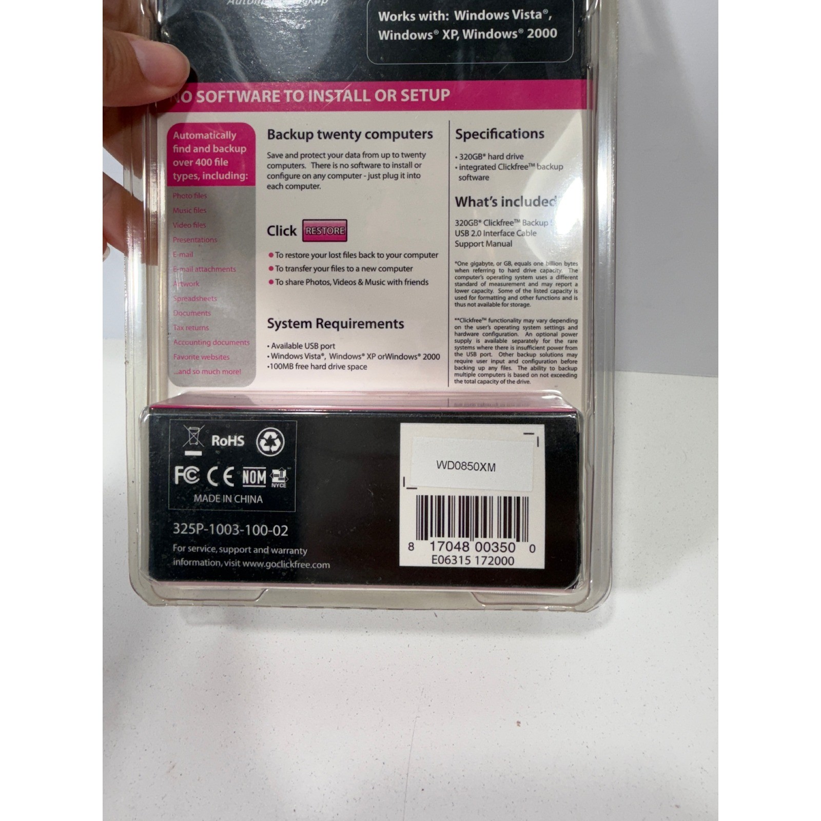 Clickfree 320GB Automatic Backup External Hard Drive Pink 325P-1003-100-02 NEW