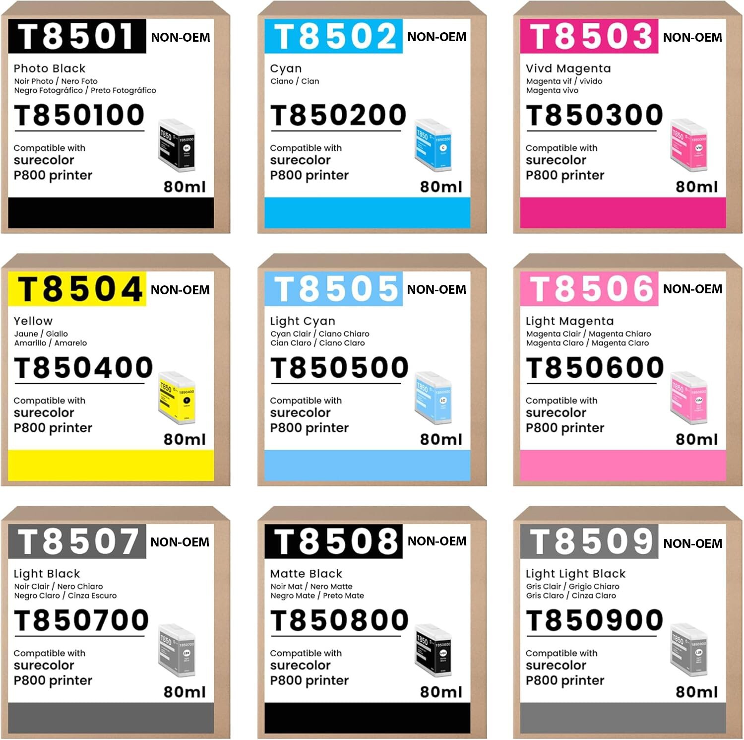 T850 Ink Cartridge (9PK, 80ML) for Epson SureColor P800 T8501 T8509 Printers