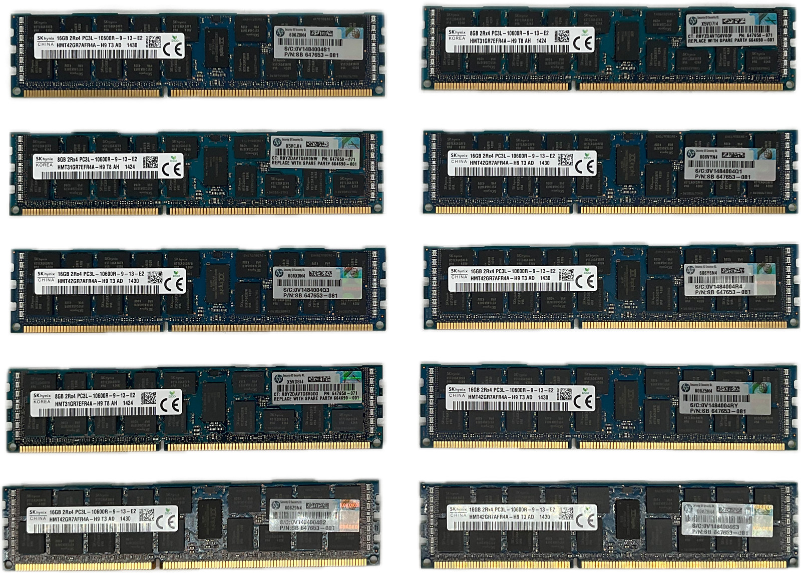 Lot of 10 SK Hynix HMT42GR7AFR4A-H9 160GB 10x16GB DDR3L Registered Server RAM