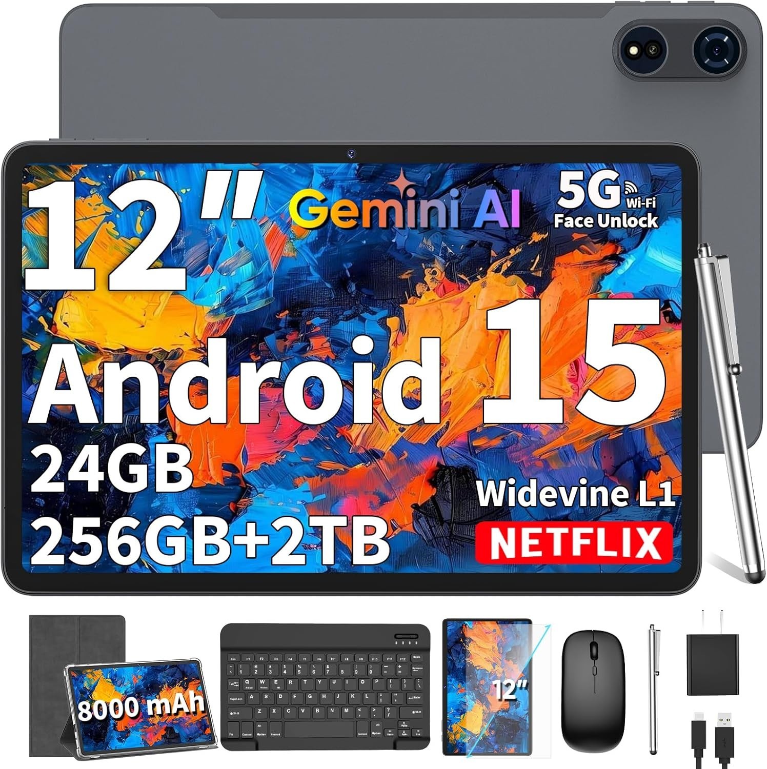Relndoo Android 15 Tablet PC Silver 12″ LCD 24GB+256GB+2TB Expandable Octa-Core
