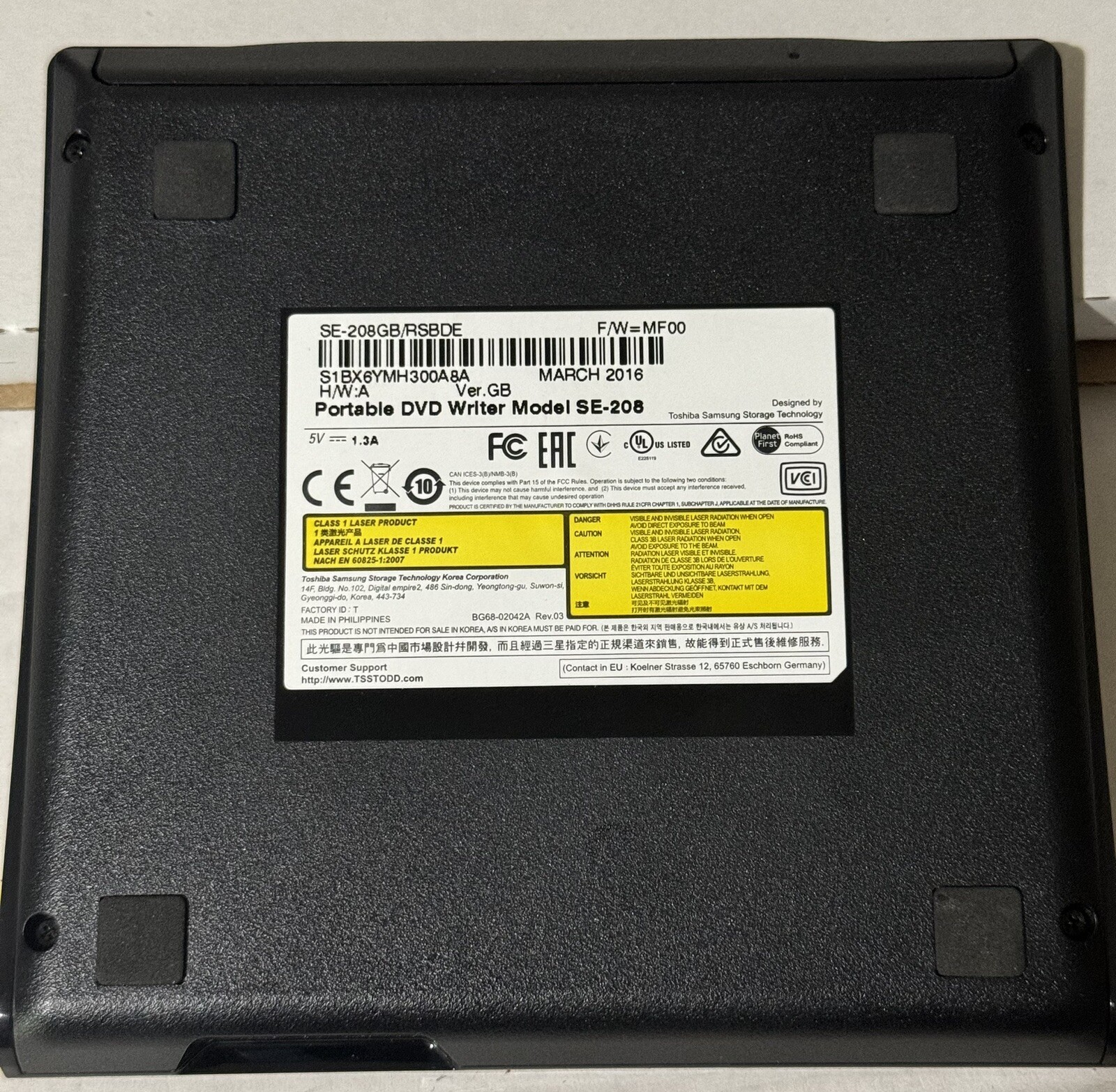 Samsung USB Ultra Slim Portable External DVD Writer Black Model SE-208 W/Cable
