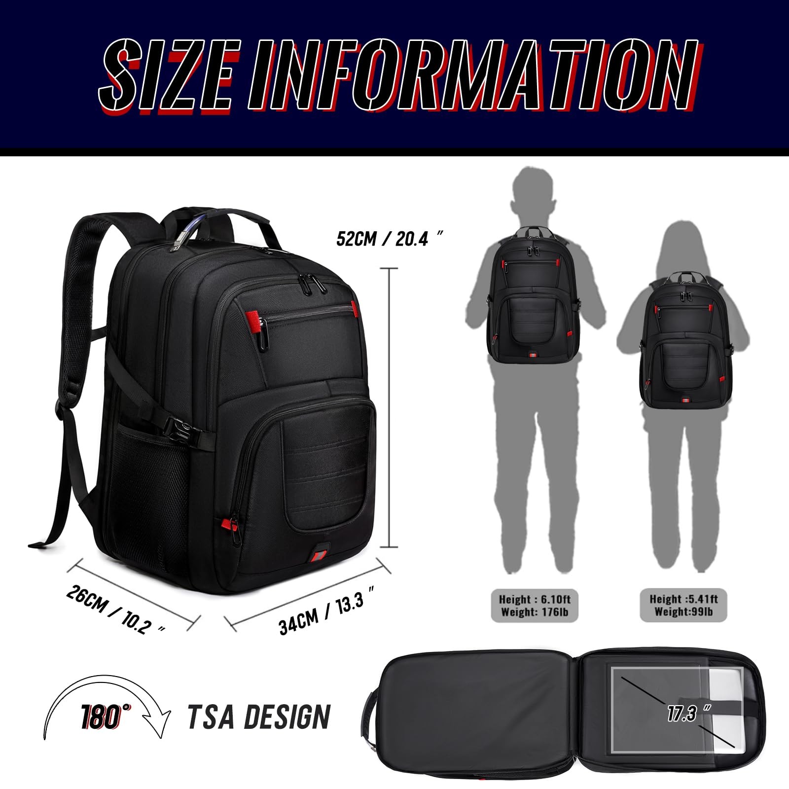 JARWAM Large Travel Laptop Backpack for 17.3 Inch（20.4″x13.3″x10.2″）, Black