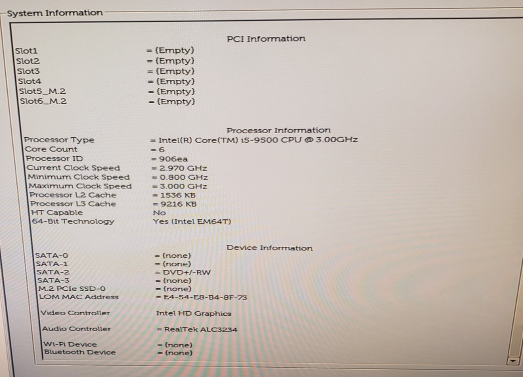 Dell OptiPlex 3070 Desktop MT Intel Core i5-9500 @ 3.00GHz 8GB RAM No HDD/SSD