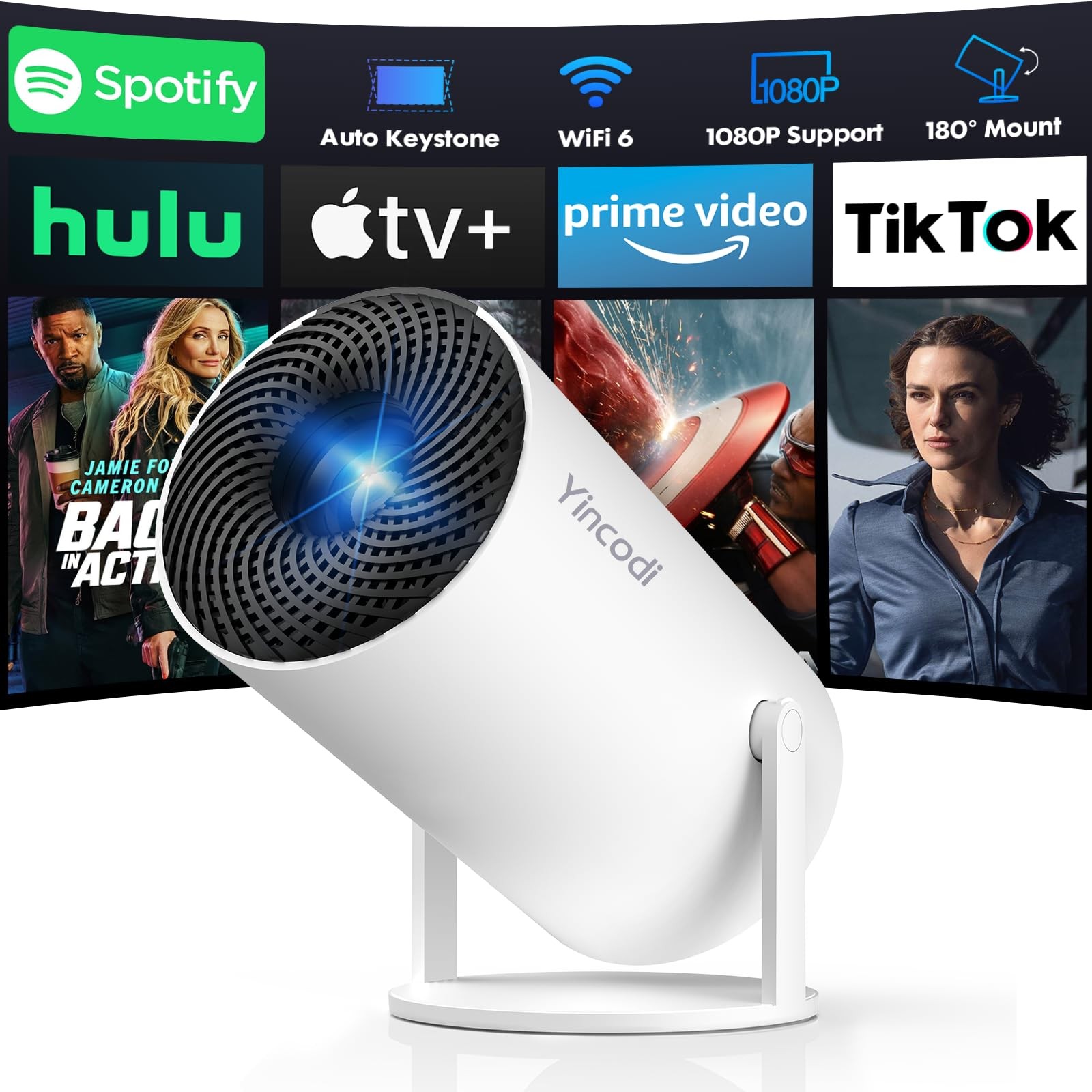 [Built-in Apps] Mini Projector with WiFi and Bluetooth, Portable, White