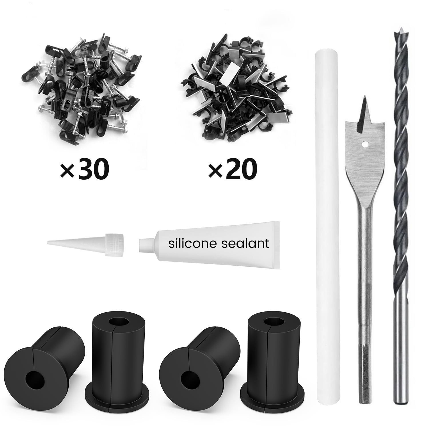 Cable Routing Kit for 3/4″ Wall Hole – 4PCS Grommets, Drill Bit & Clips Included