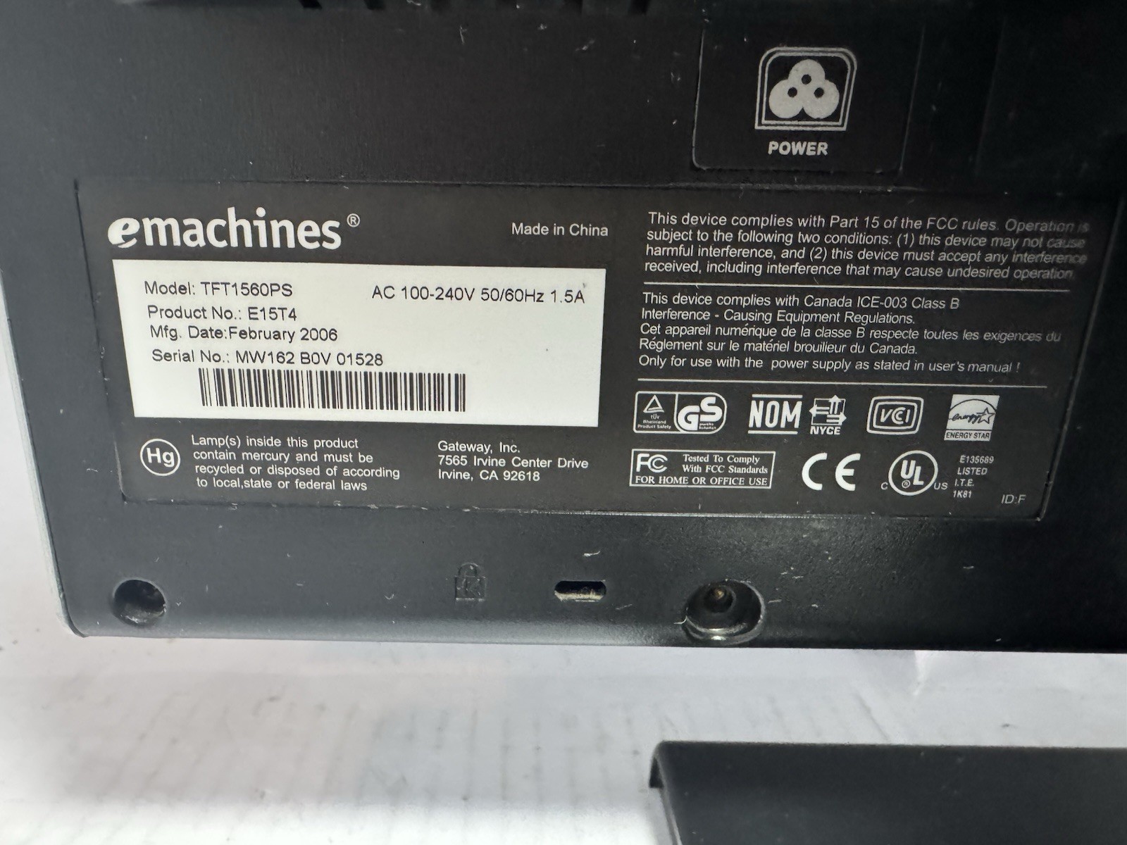 eMachines 15” LCD Monitor TFT1560PS VGA w Power & Cable Tested