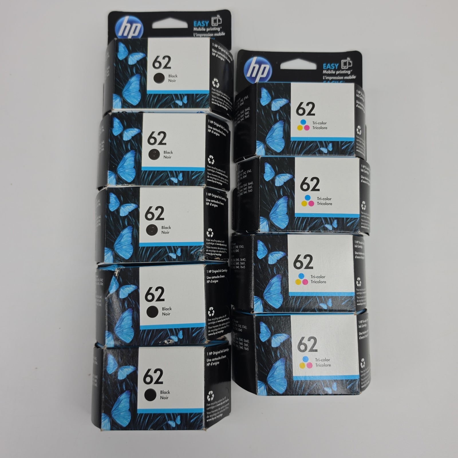 GENUINE HP 62 Black (5) & Tri-Color (4) Ink Cartridges Total Of (9) 2018 NEW