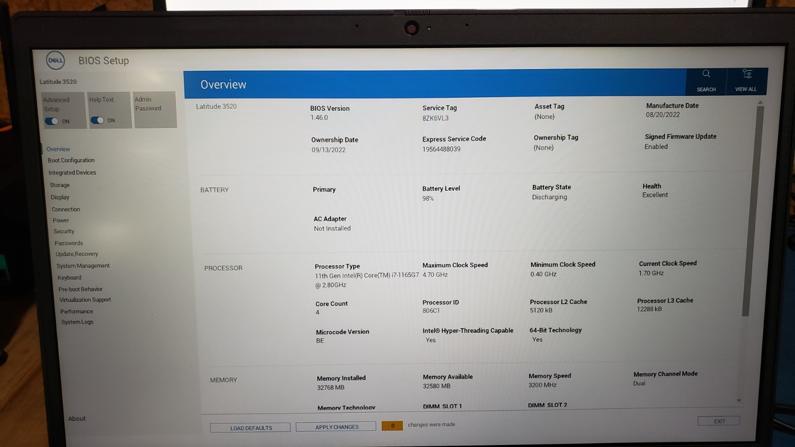 Dell Latitude 3520 Intel Core i7-1165G7 32GB RAM 256 NVME