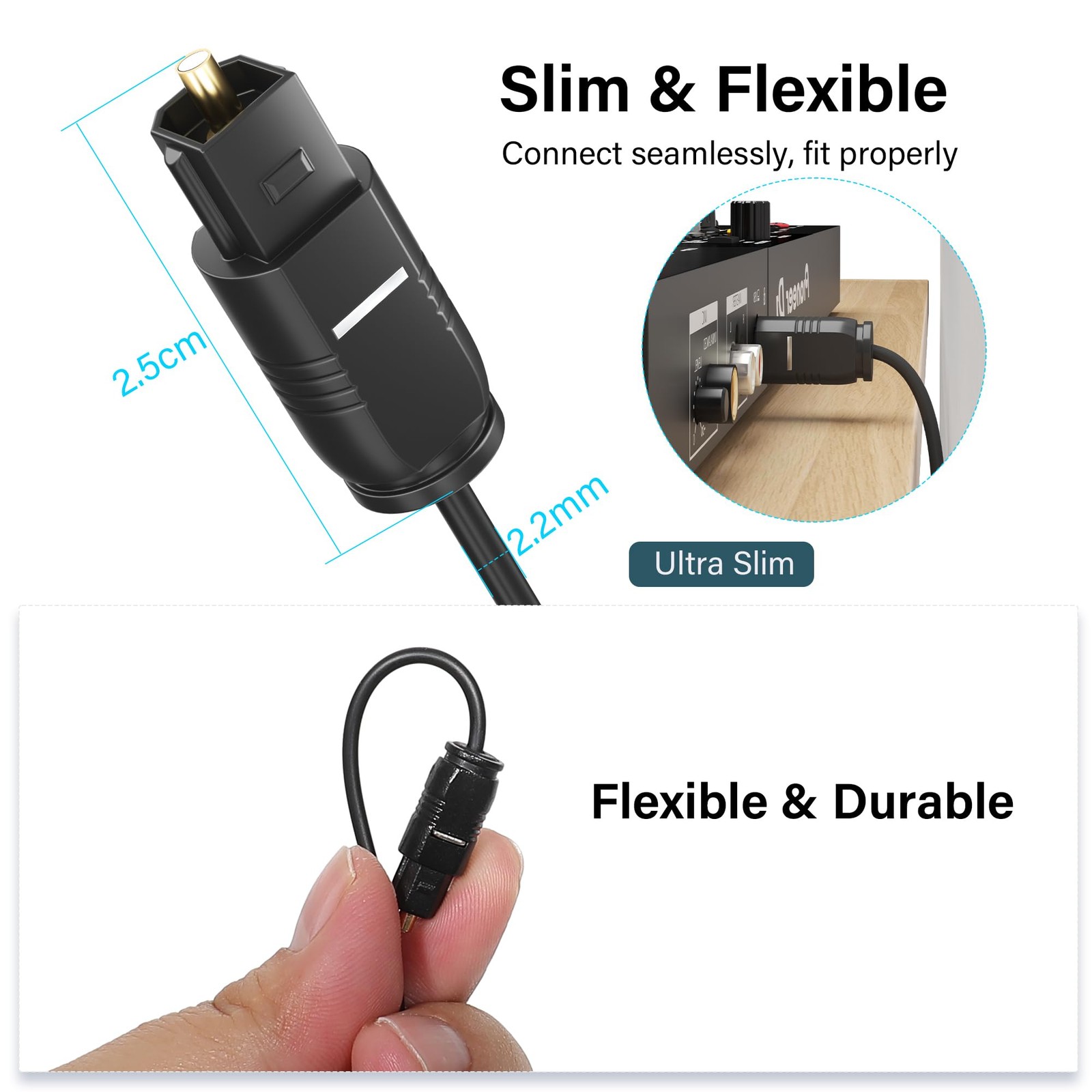 Adoreen Ultra-Thin Slim Digital Optical Audio Cable 6 FT/2 6FT/2 Pack, Black