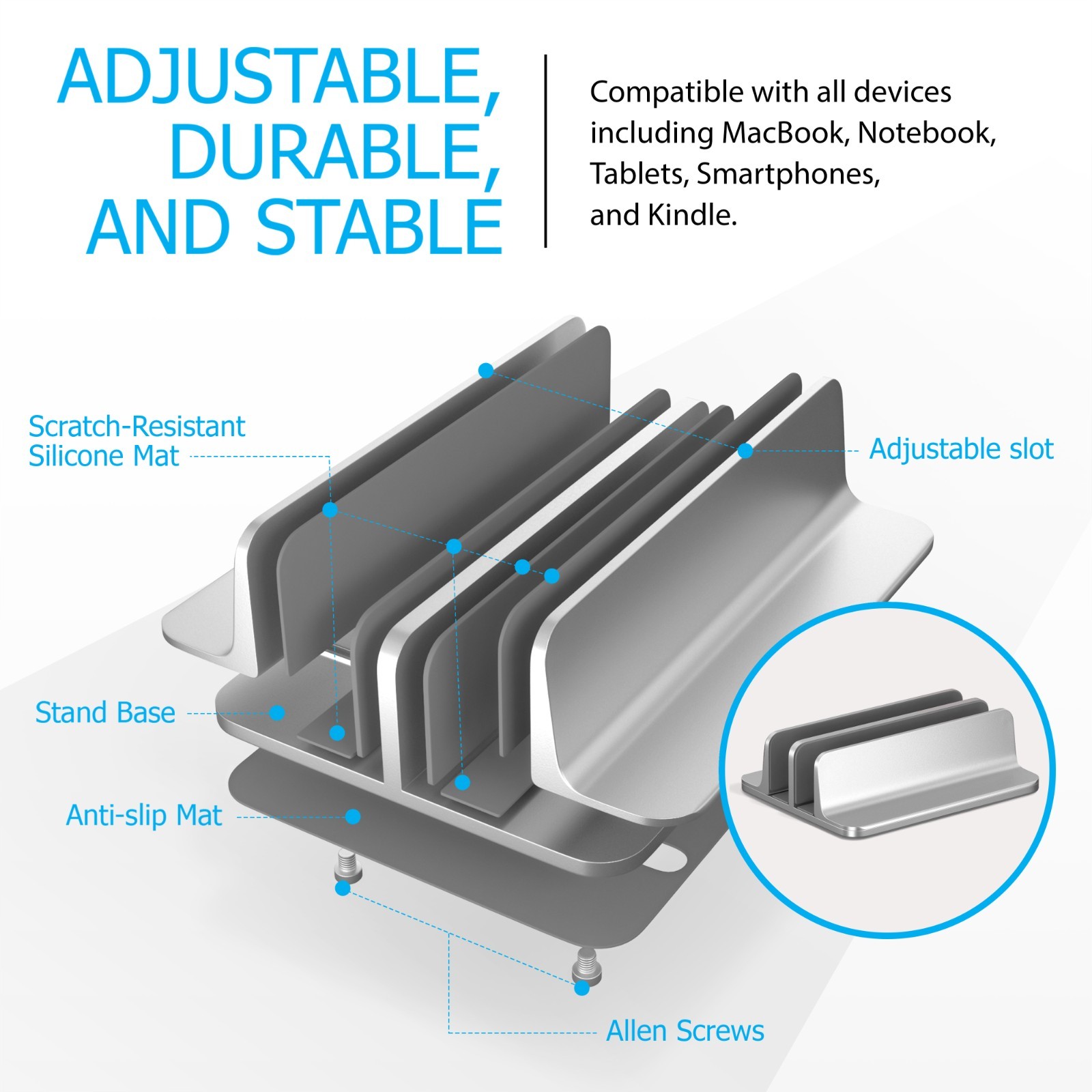 Vertical Laptop Stand Adjustable Dual Slot, MacBook Stand Holder Desk – Silver