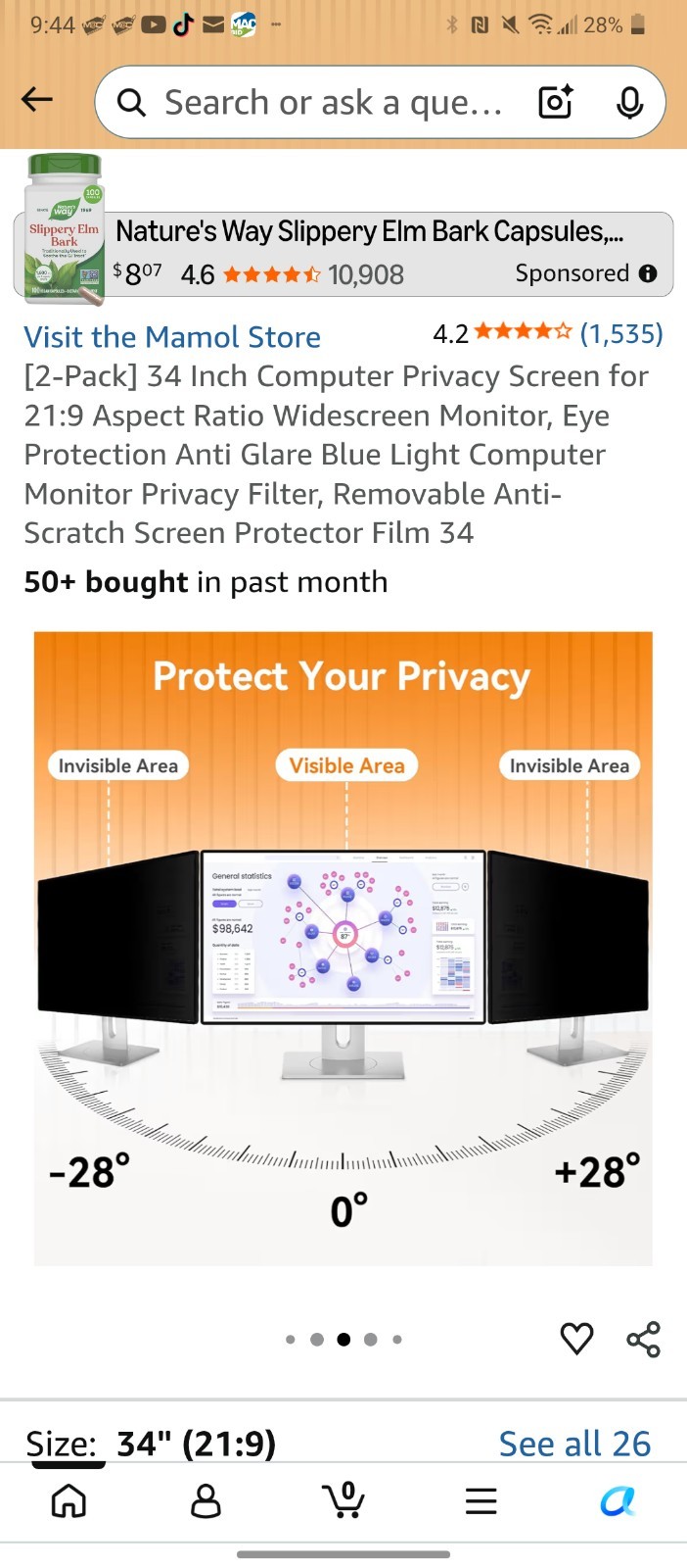 AMO 34″ Privacy Screen Filter – Black 1 Pack)