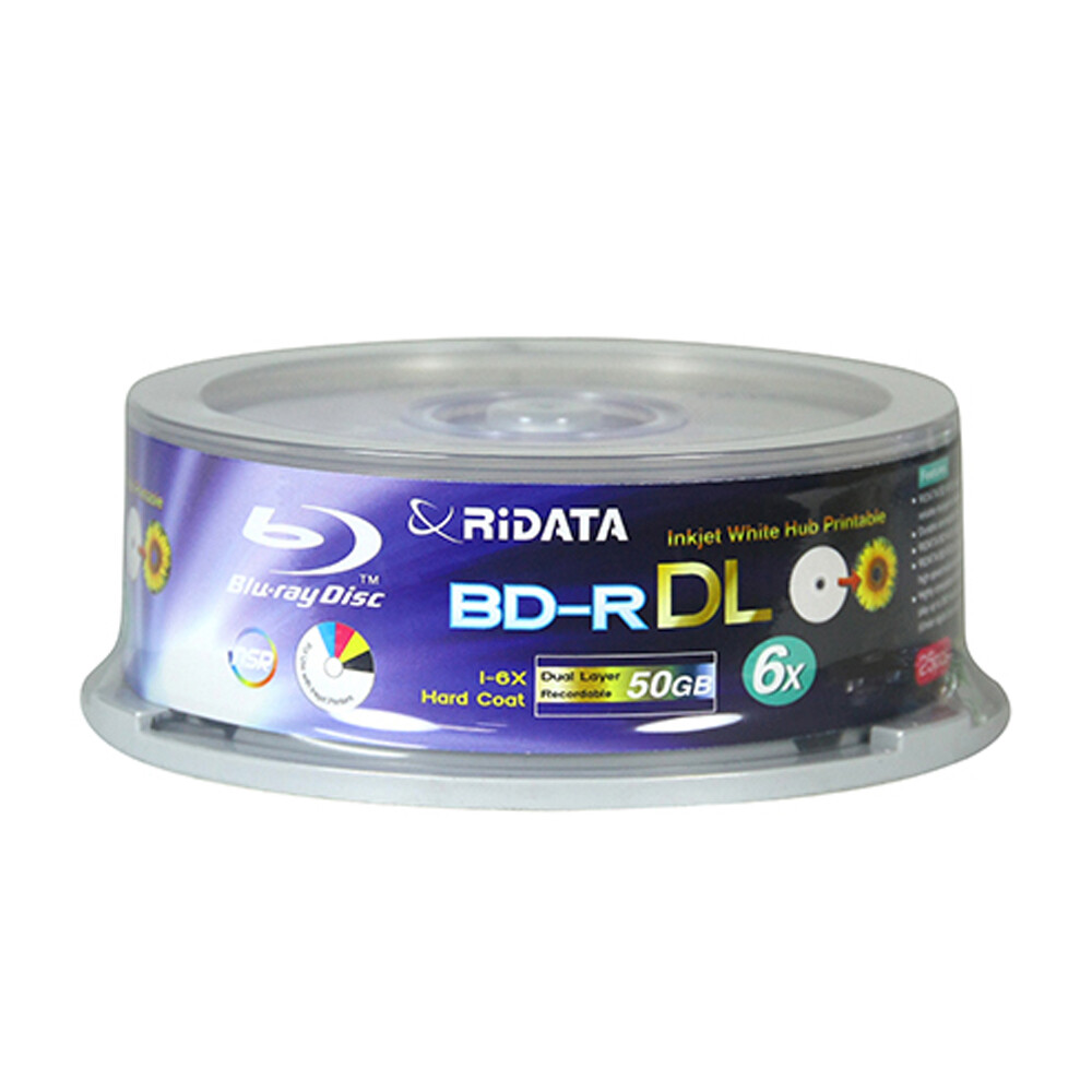 25 Pack Ridata Blu-ray BD-R DL Dual Layer 6X 50GB White Inkjet Printable Disc