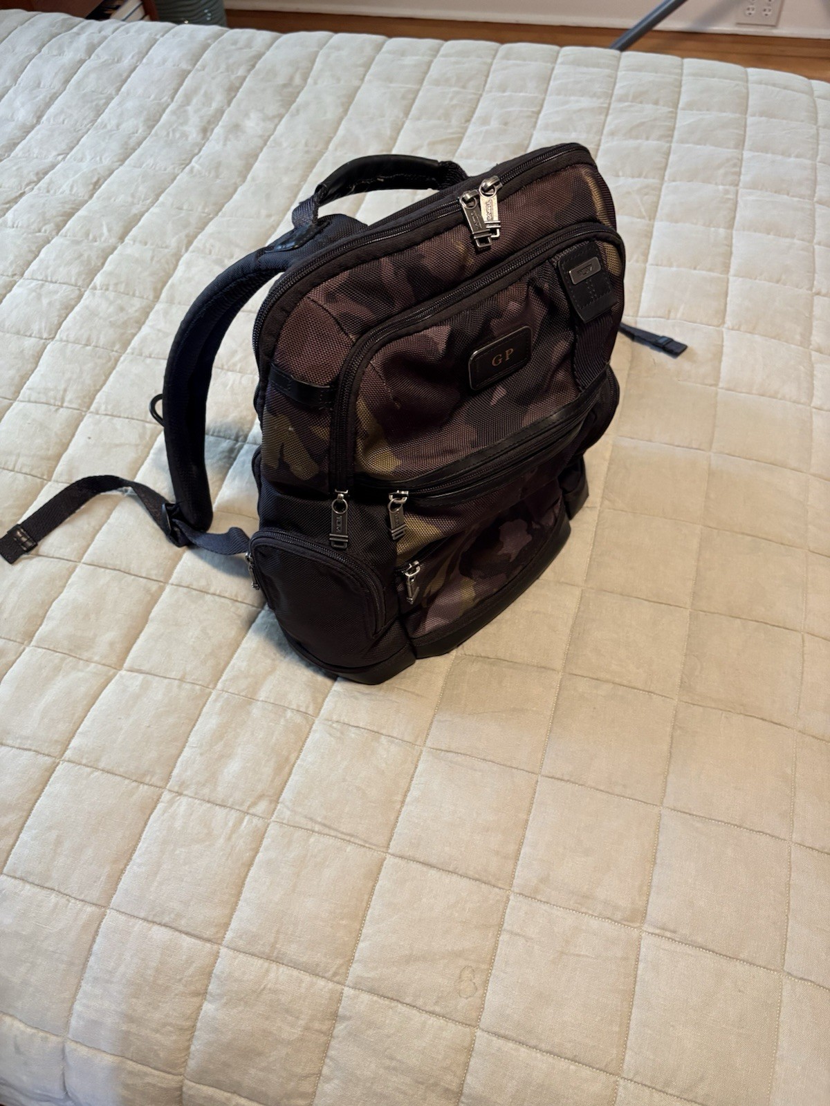 TUMI Laptop Backpack Black Camouflage, Padded Straps, Zip-Around Closure