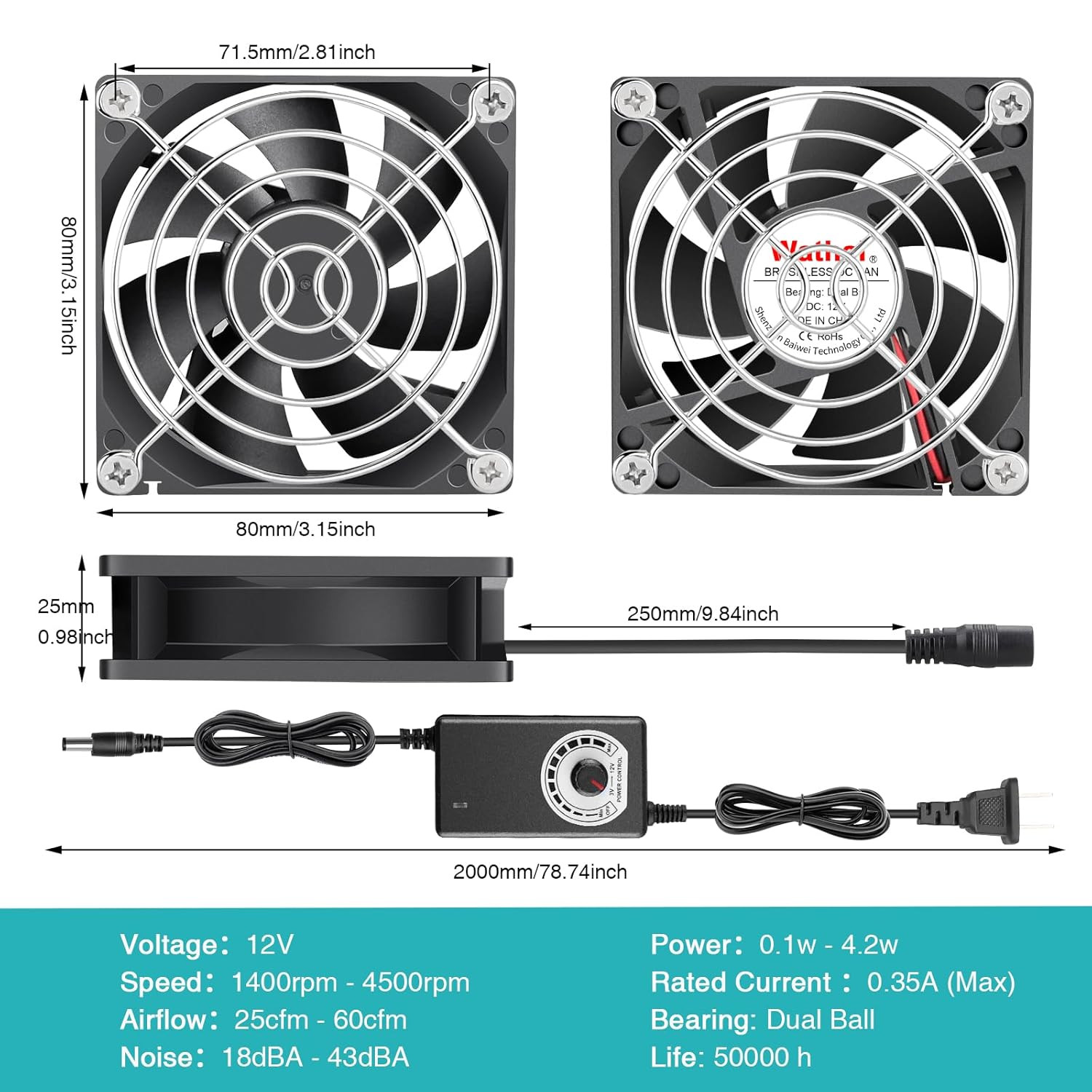 Wathai 80Mm Small Computer Cooling Fan with AC Plug, 110V 120V 220V 240V Fan Enh