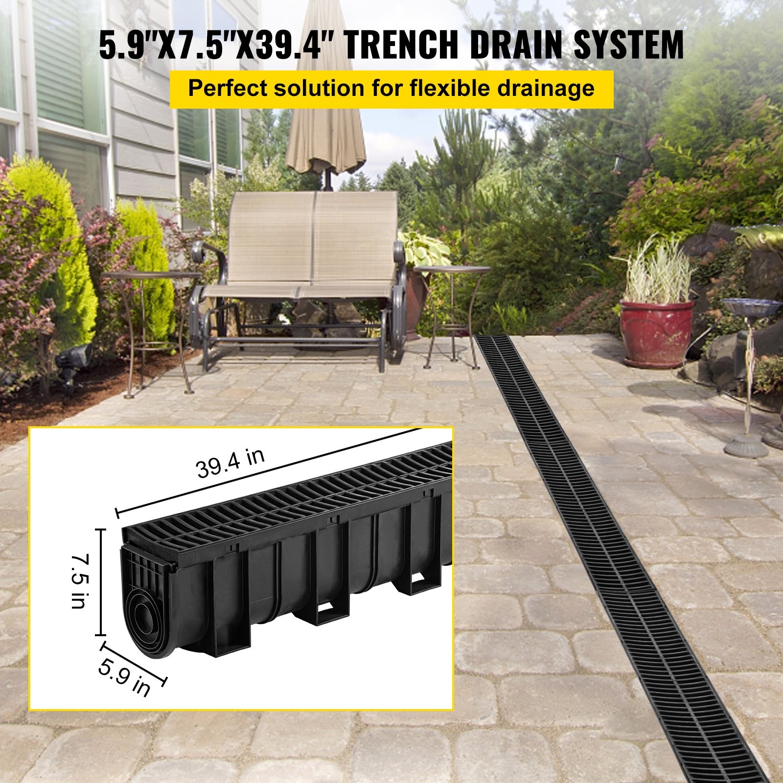 Trench Drain System, Channel Drain with Plastic Grate, 5.9×7.5-Inch HDPE Drainag