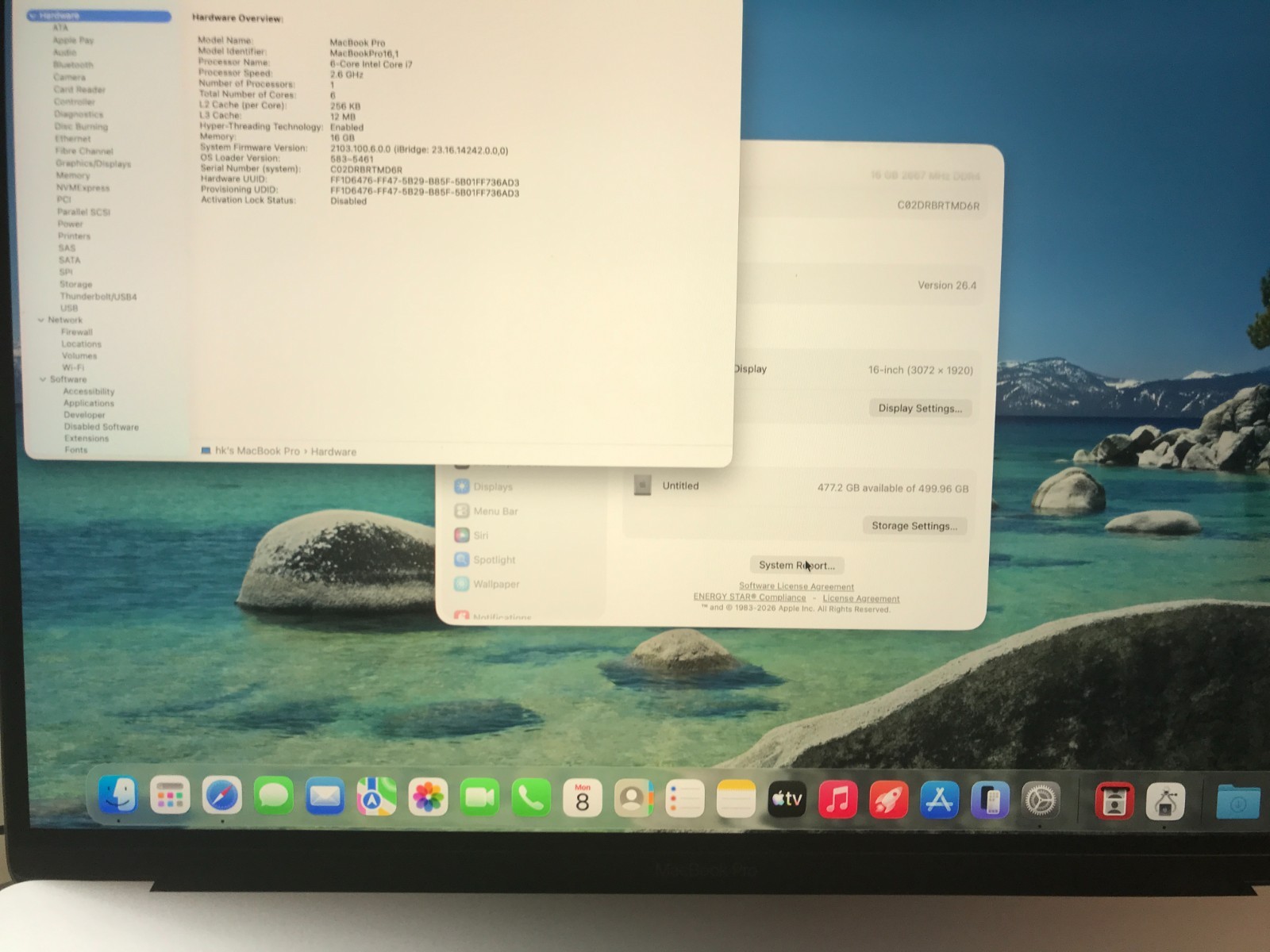 Apple MacBook Pro A2141 2019 16″ i7 2.6GHz 16GB 512GB Gray Service Battery #178