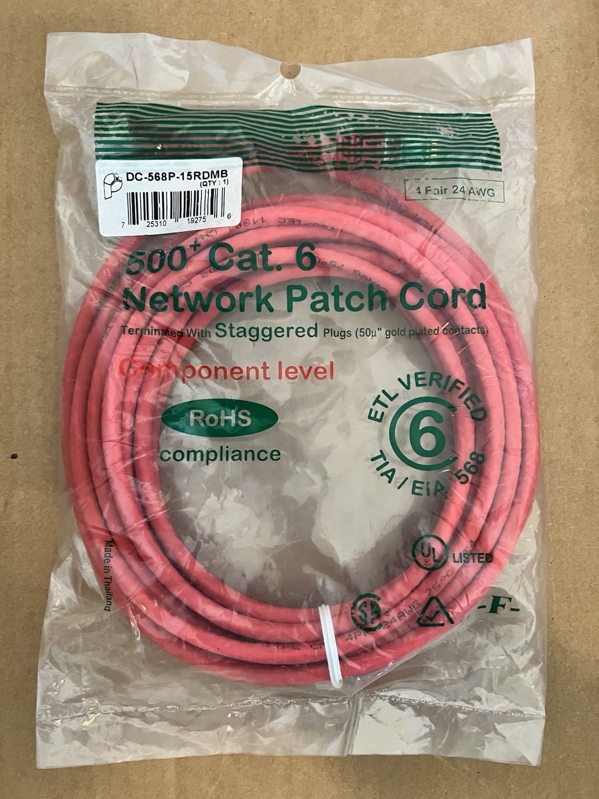 15 Ft. Category 6 Network Patch Cord, 4 pair 24 AWG, Gold Plated Contacts
