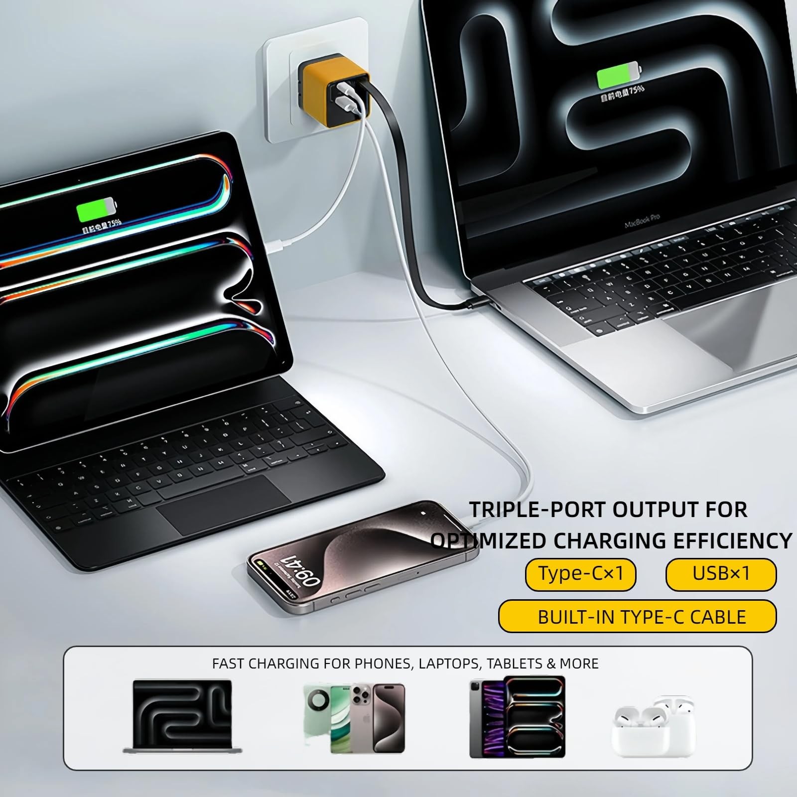 3 in 1 GaN Charger,80w Fast Charger Adapter with Type-C Cable & 2 USB yellow
