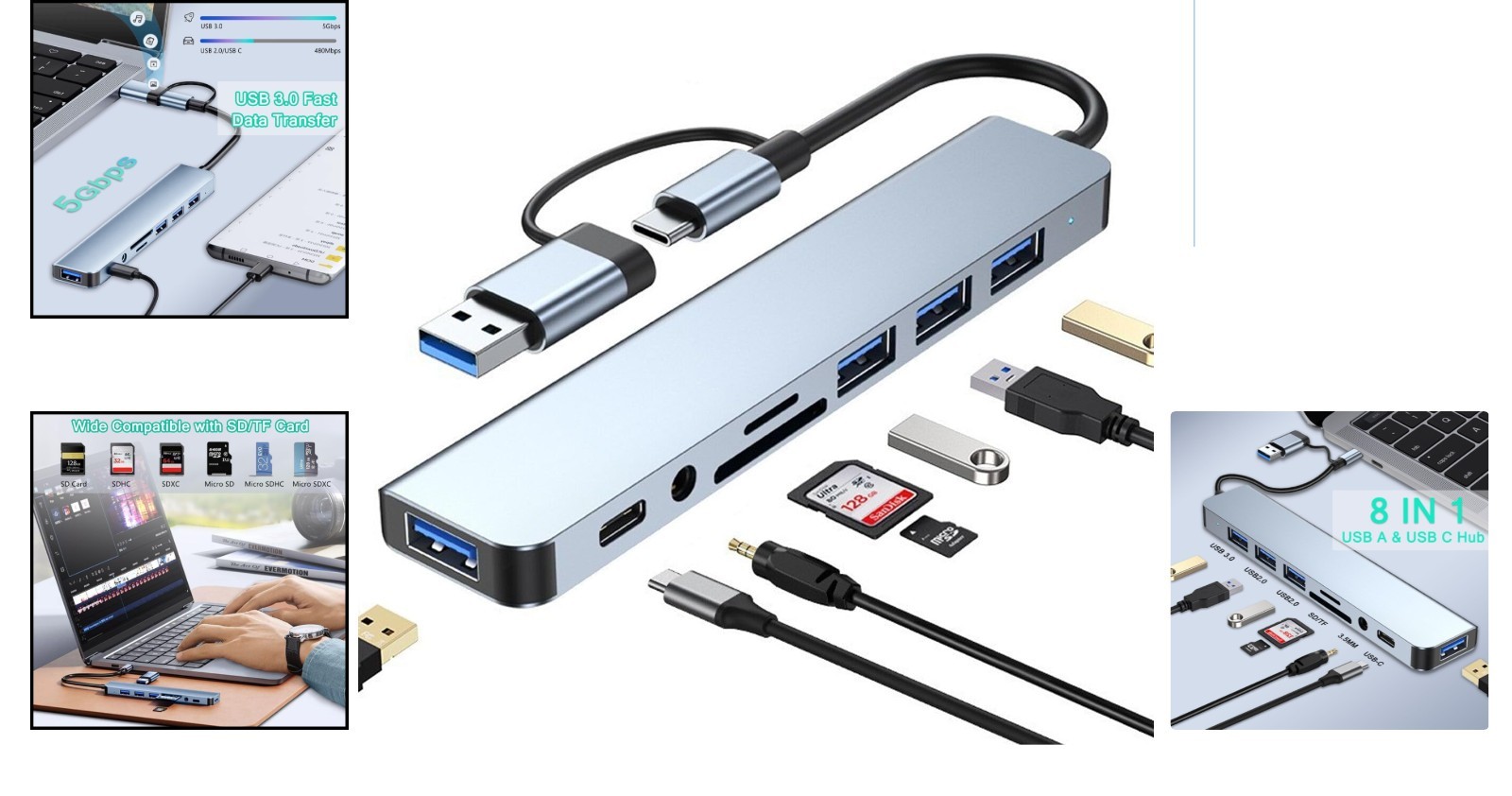8-in-1 USB Hub: Aluminum Extension with SD Reader & 5Gbps Data Transfer, Silver