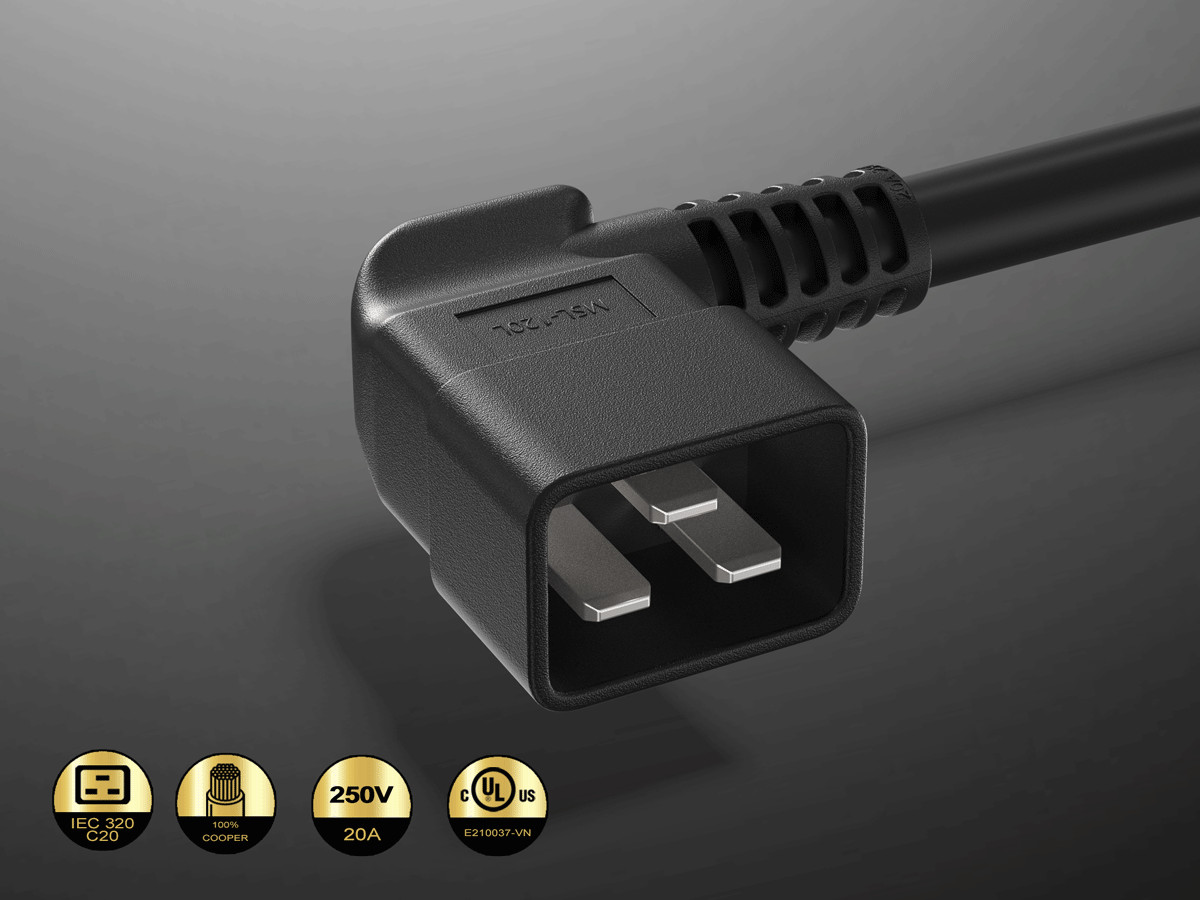 10ft C19 to Left Angle C20 Power Cord 12AWG 20A/250V SJT UL, Black