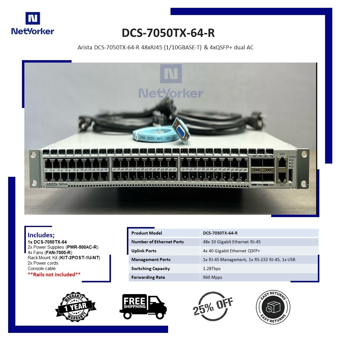 Arista DCS-7050TX-64-R 48xRJ45 (1/10GBASE-T) & 4xQSFP+ dual AC – Fast Shipping