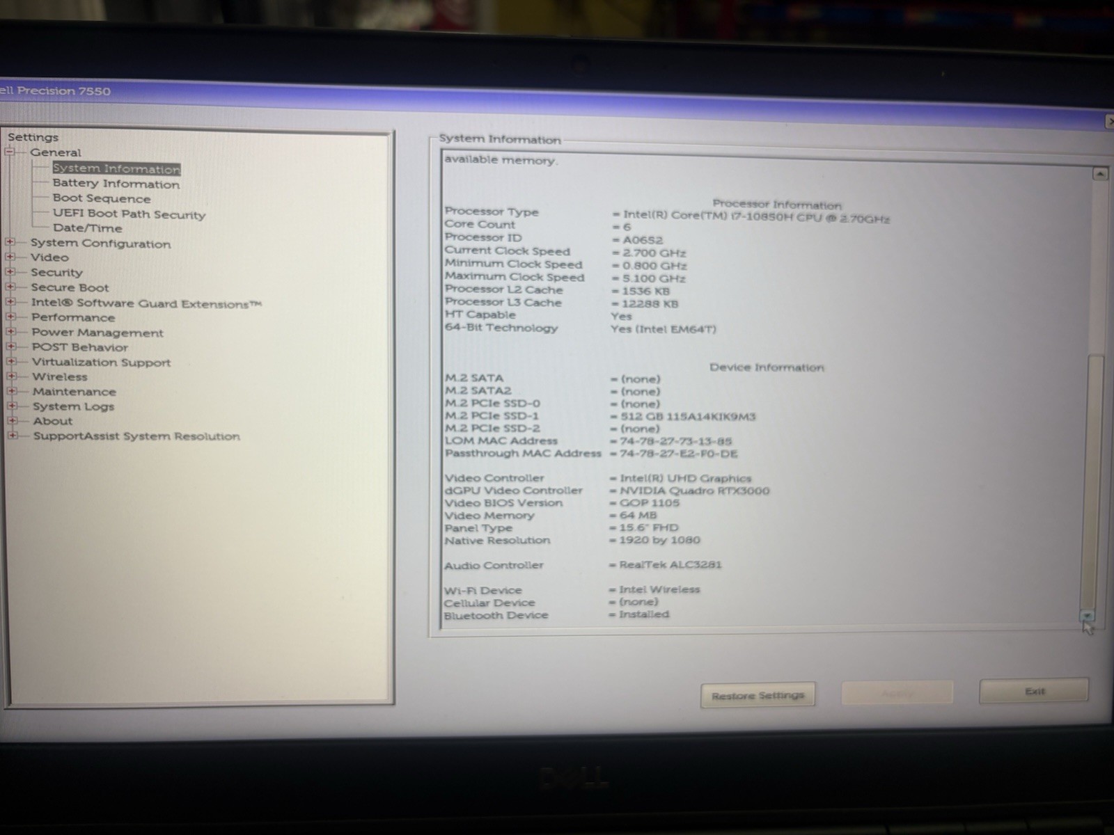 Dell Precision 7550 15.6″ i7-10850H 32GB 512GB SSD RTX 3000 W11 Pro