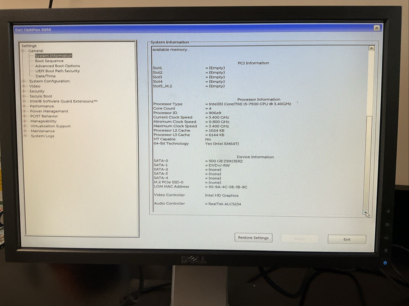 Dell Optiplex 5050 Intel i5-7500 @ 3.40GHz No OS Desktop