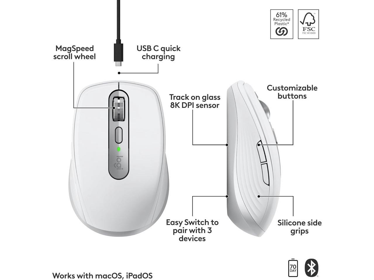 Logitech MX Anywhere 3S for Mac, Compact Wireless Bluetooth Mouse, 8K DPI USB C
