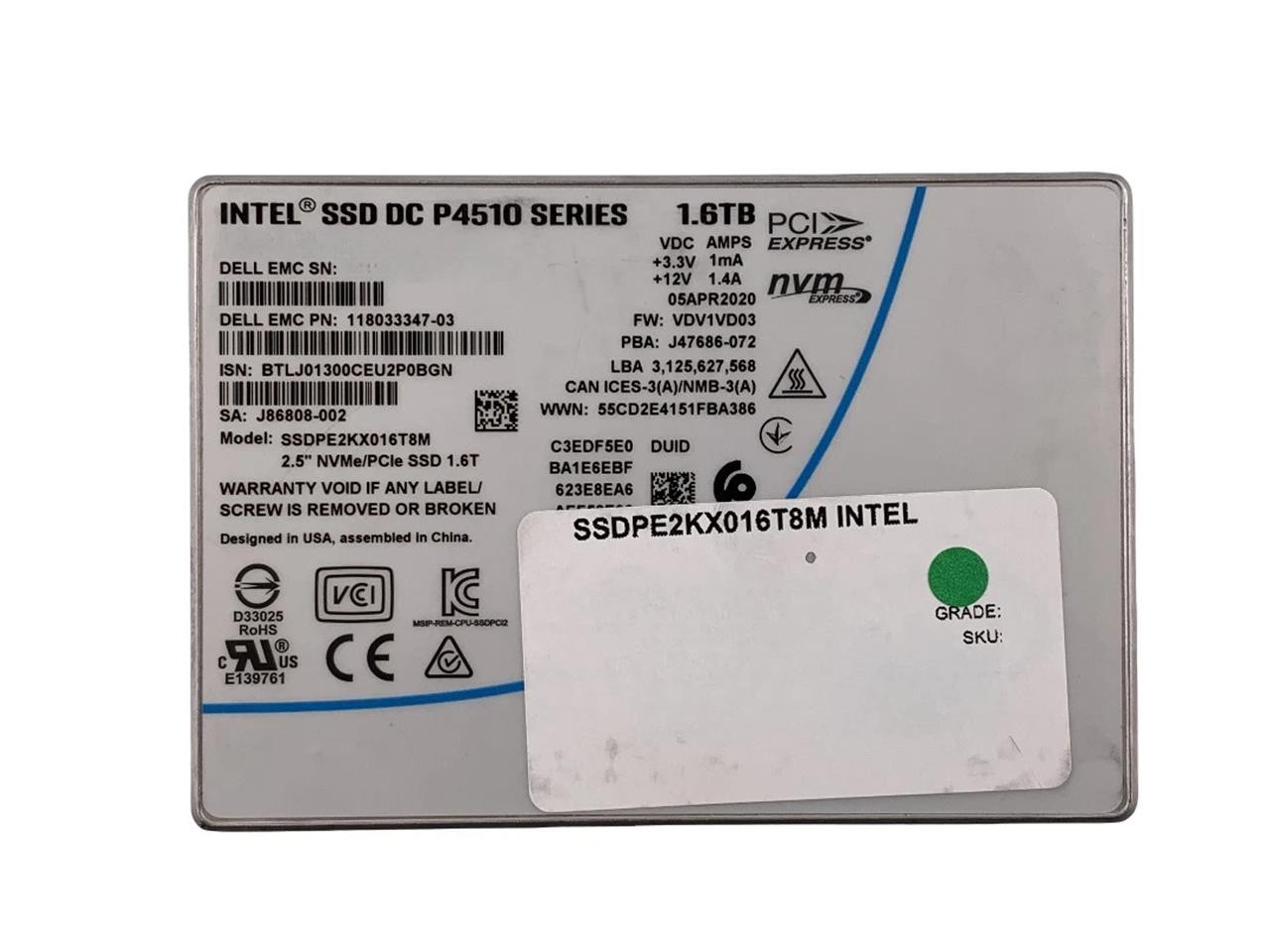 Intel DC P4510 1.6TB U.2 NVMe SSD 2.5″ SSDPE2KX016T8M – 97%+ Health