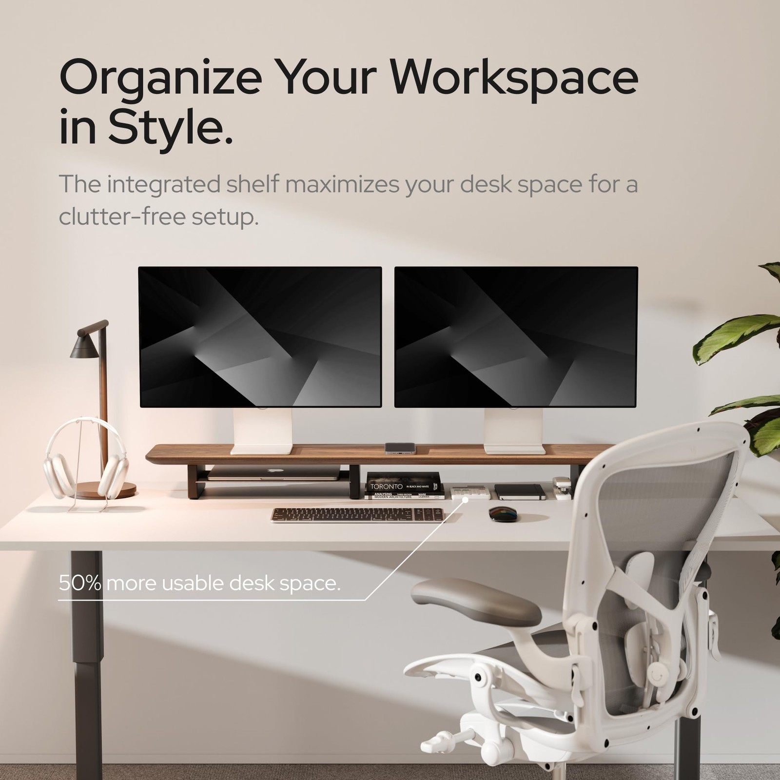Dual Monitor Riser Integrated Metal Shelf Wooden Desk Stand Walnut Organizer