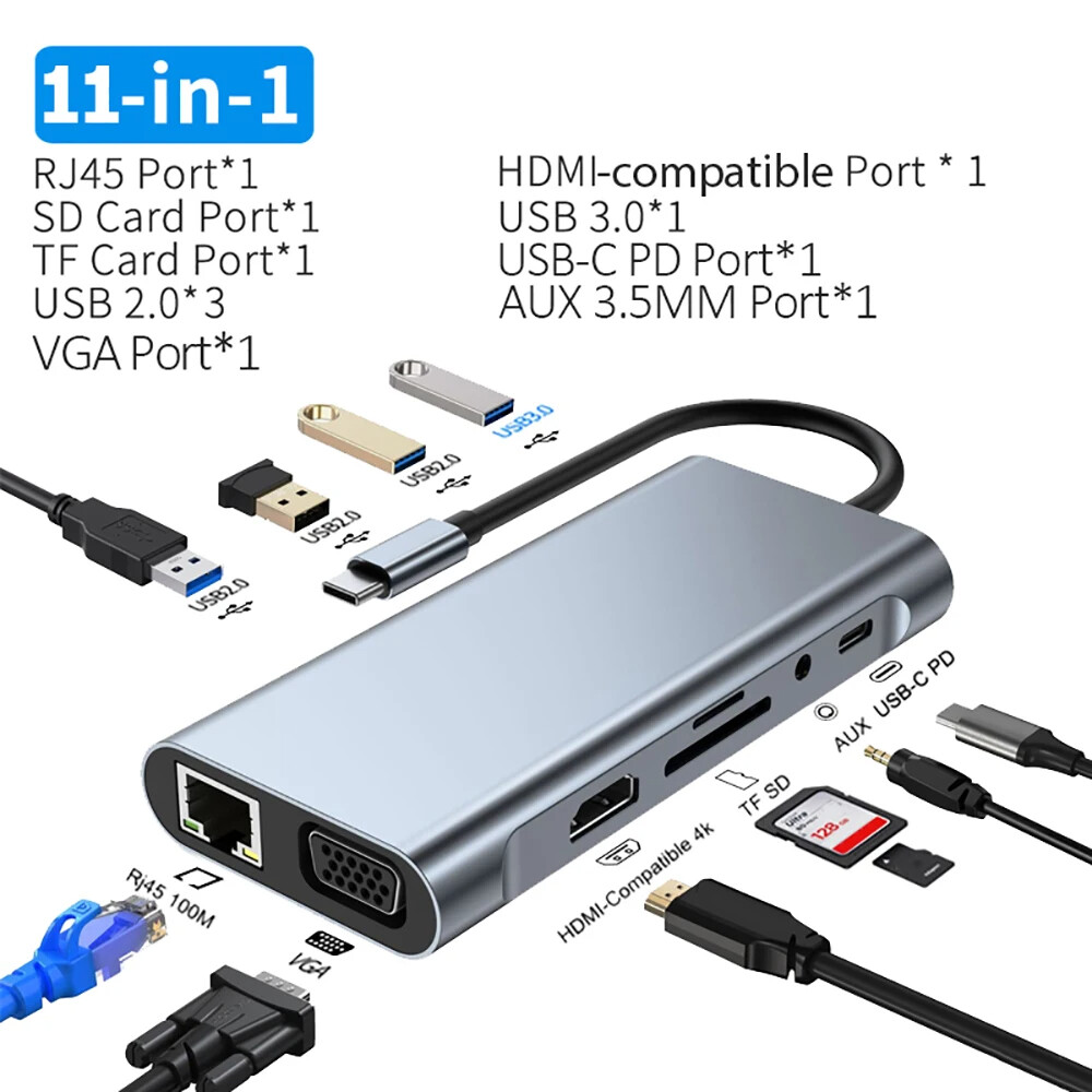 11in1 Type C Hub USB-C To USB 3.0 2.0 HDMI VGA Multi-Hub Dock TF/SD Card Reader